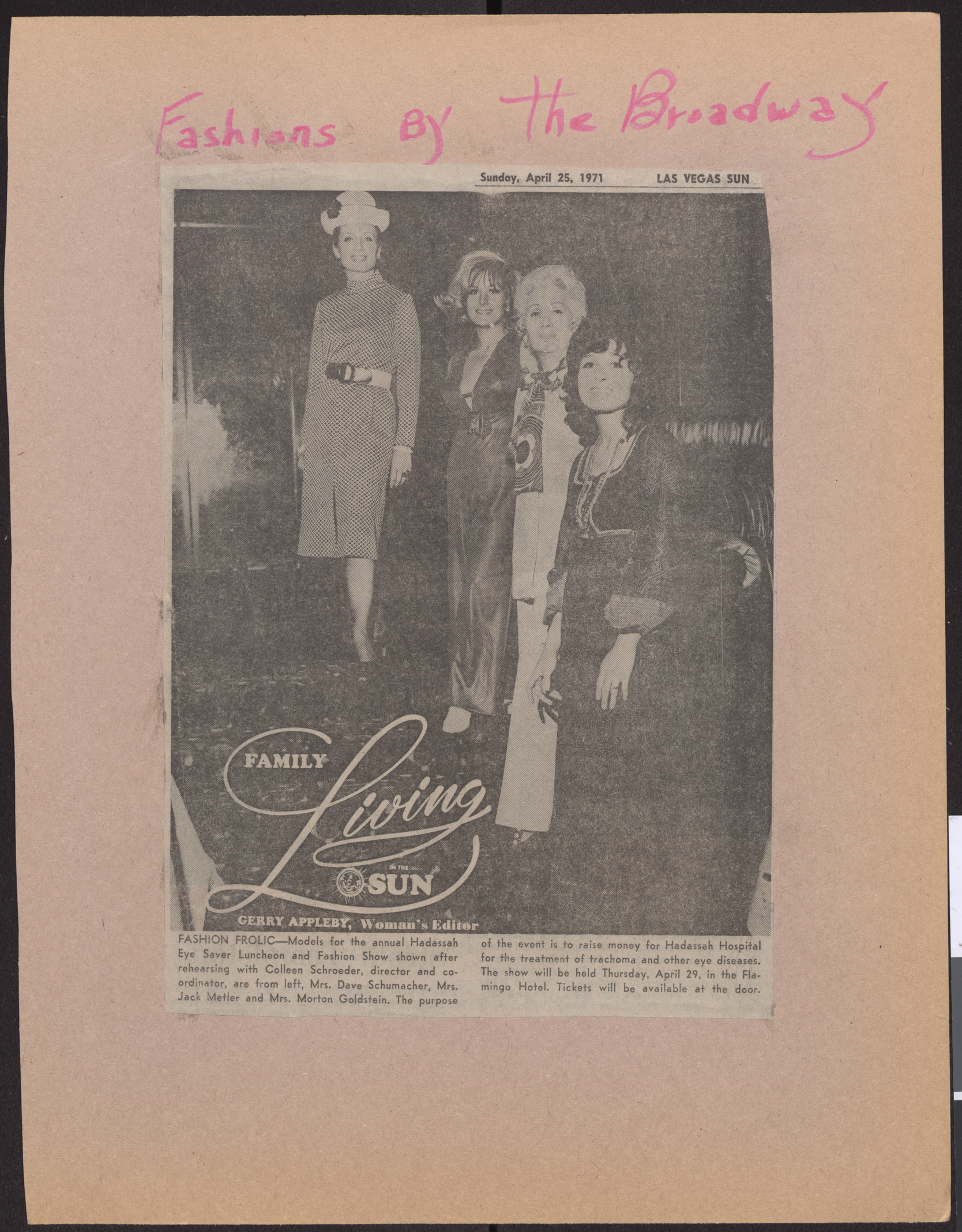 Newspaper clipping, Fashion Frolic, Las Vegas Sun, April 25, 1971