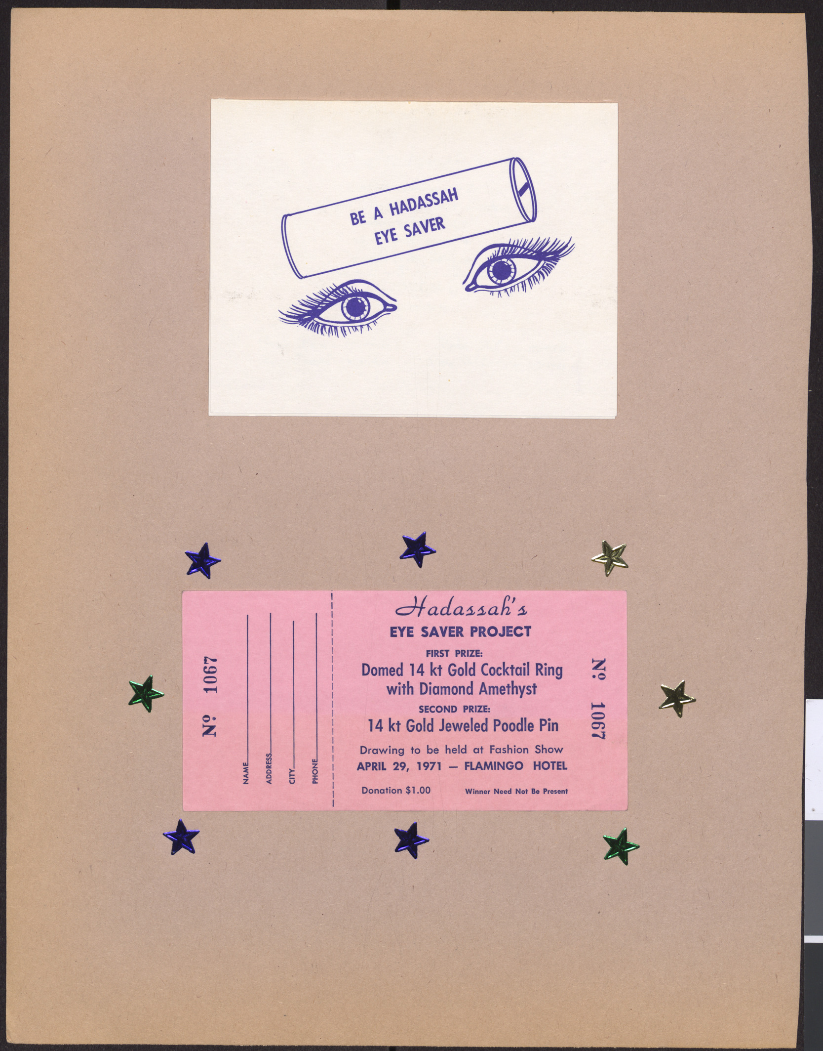 Invitation to Be a Hadassah Eye Saver, and raffle ticket for Hadassah's Eye Saver Project drawing, April 29, 1971