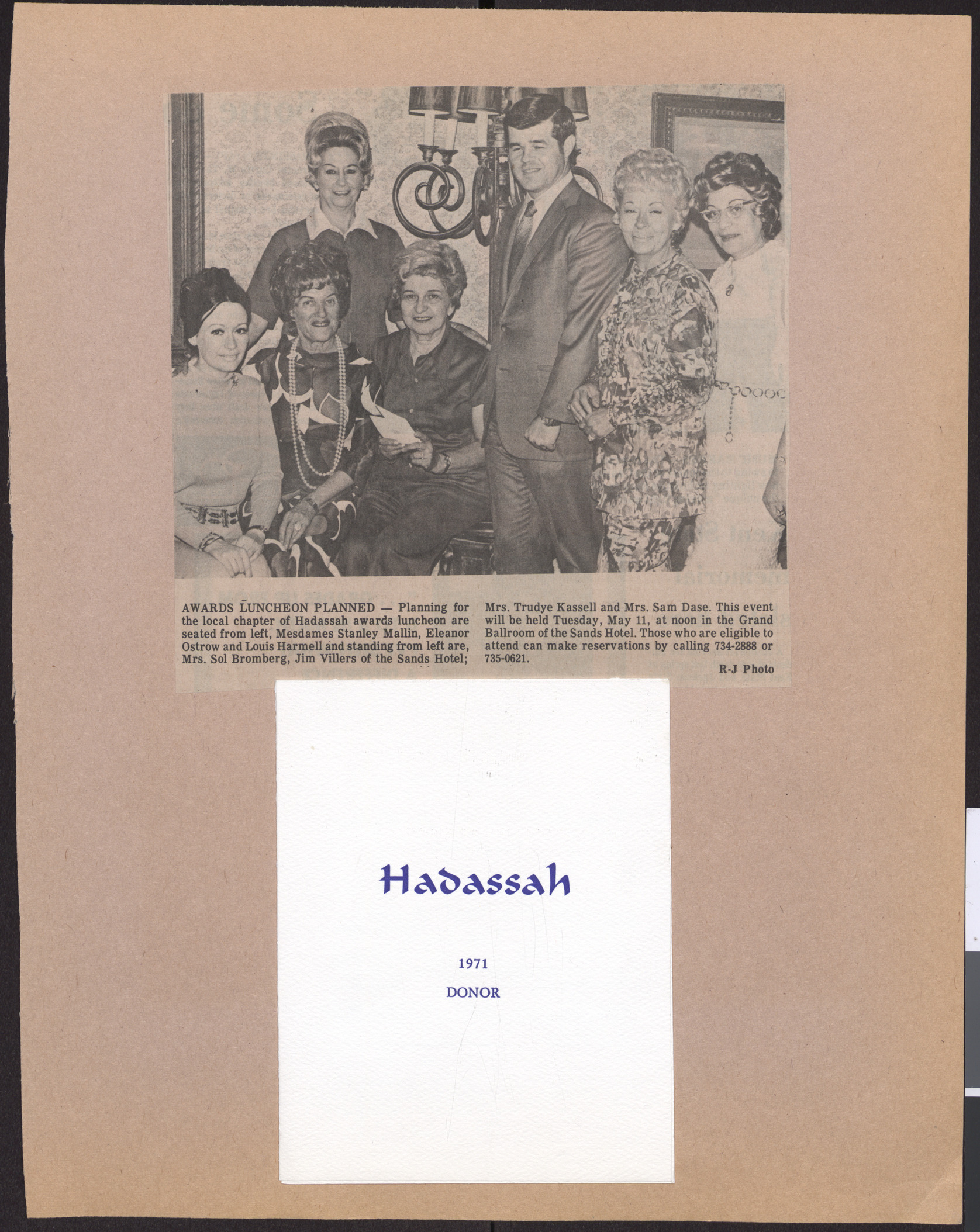 Newspaper clipping, Awards Luncheon Planned, Las Vegas Review-Journal, date unknown, and Hadassah invitation to 1971 donor luncheon