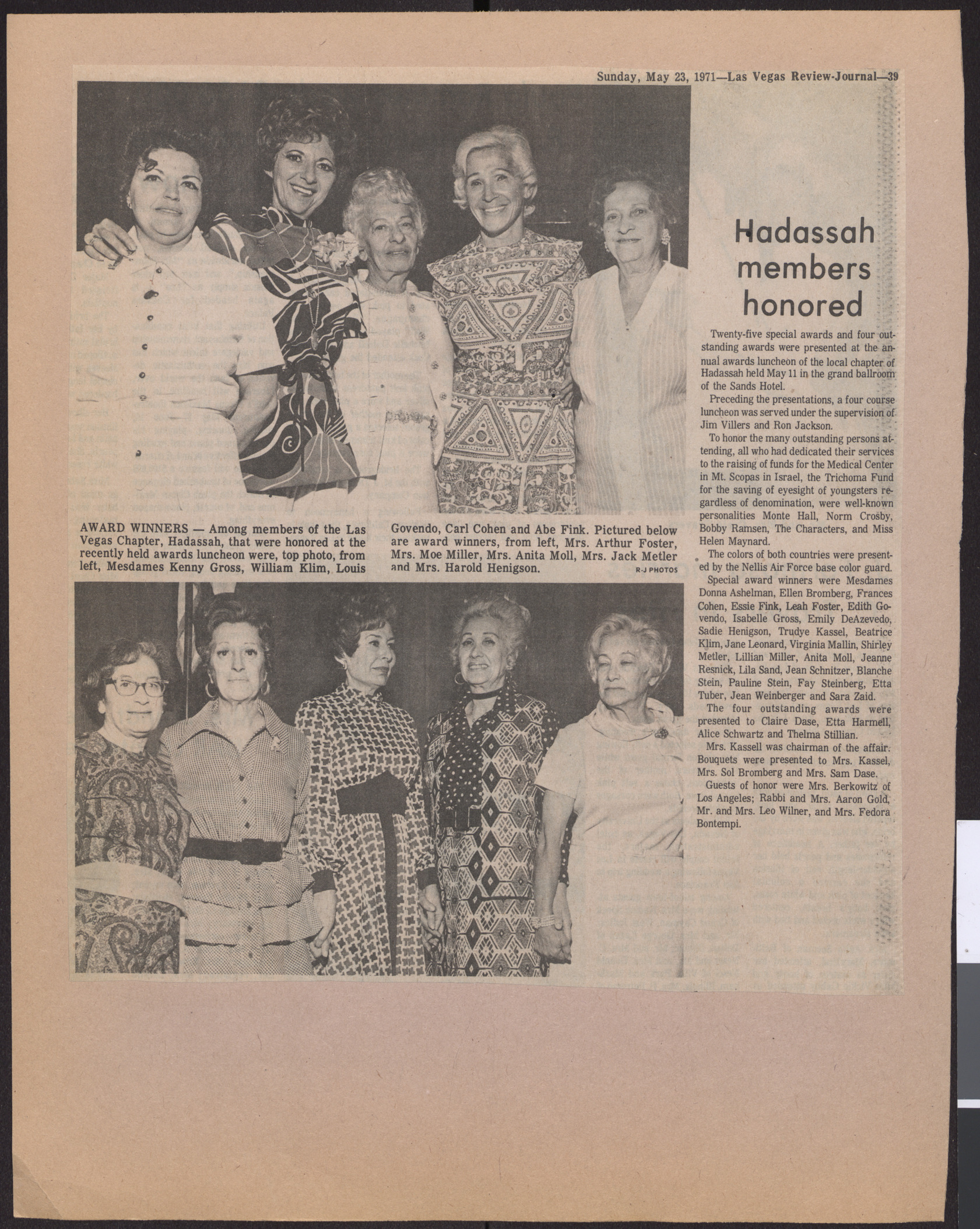 Newspaper clipping, Hadassah Members Honored, Las Vegas Review-Journal, May 23, 1971