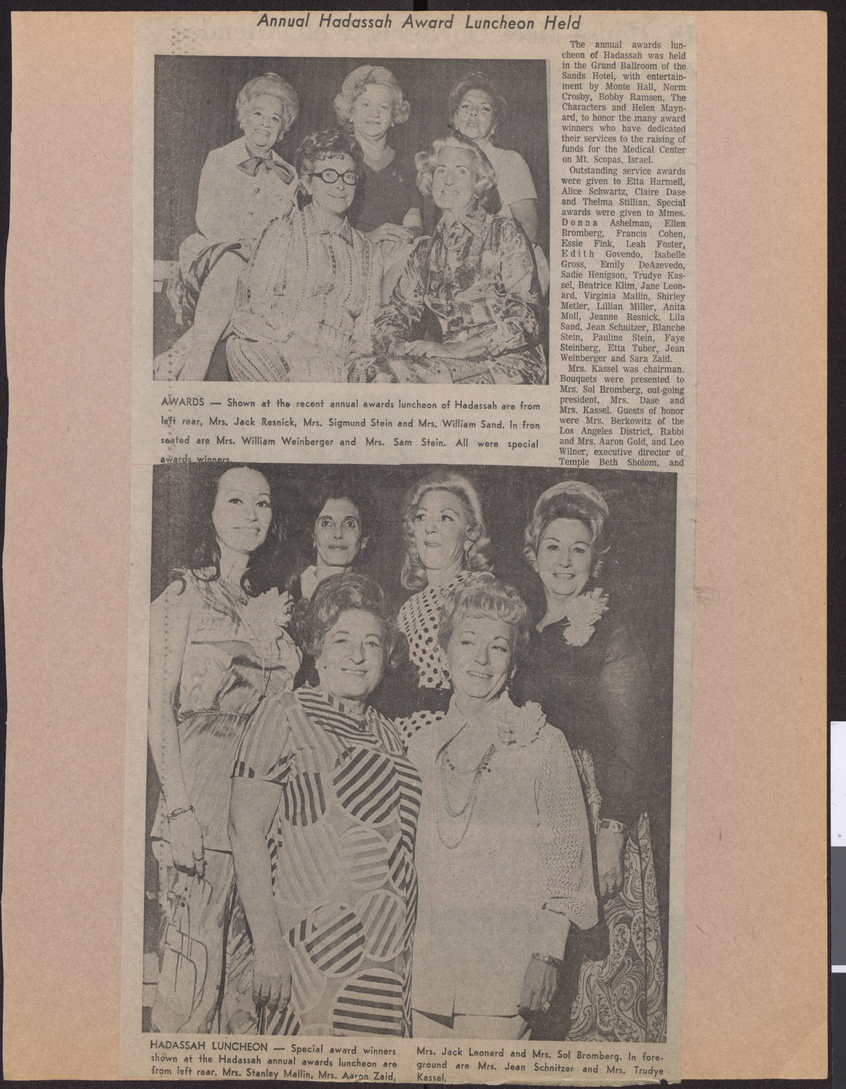 Newspaper clipping, Annual Hadassah Award Luncheon Held, publication and date unknown