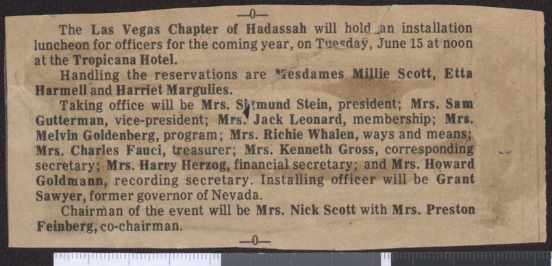 Newspaper clipping, Hadassah installation announcement, publication and date unknown
