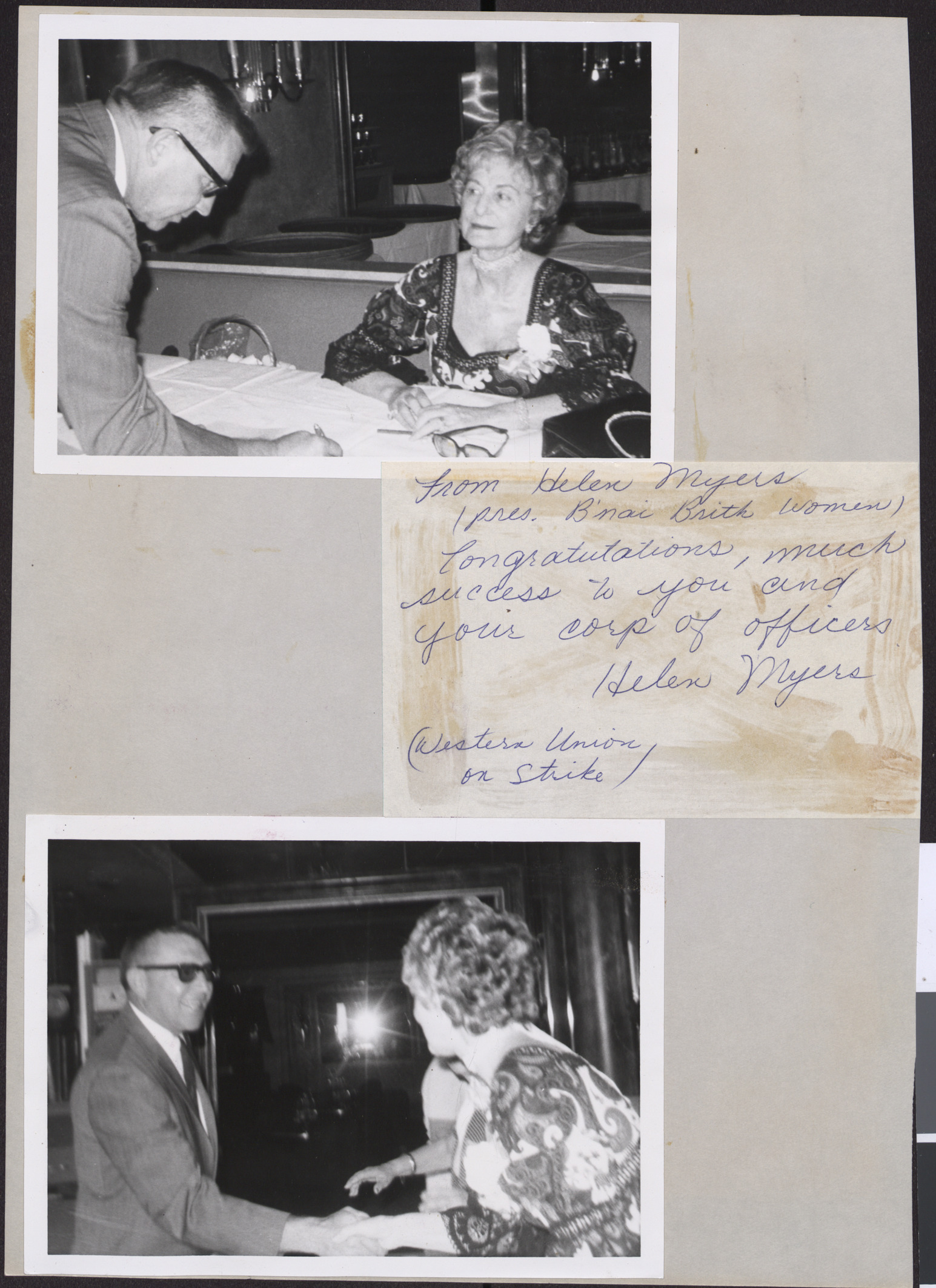 Photographs of Hadassah event, and letter from Helen Myers to Blanche Stein, date unknown
