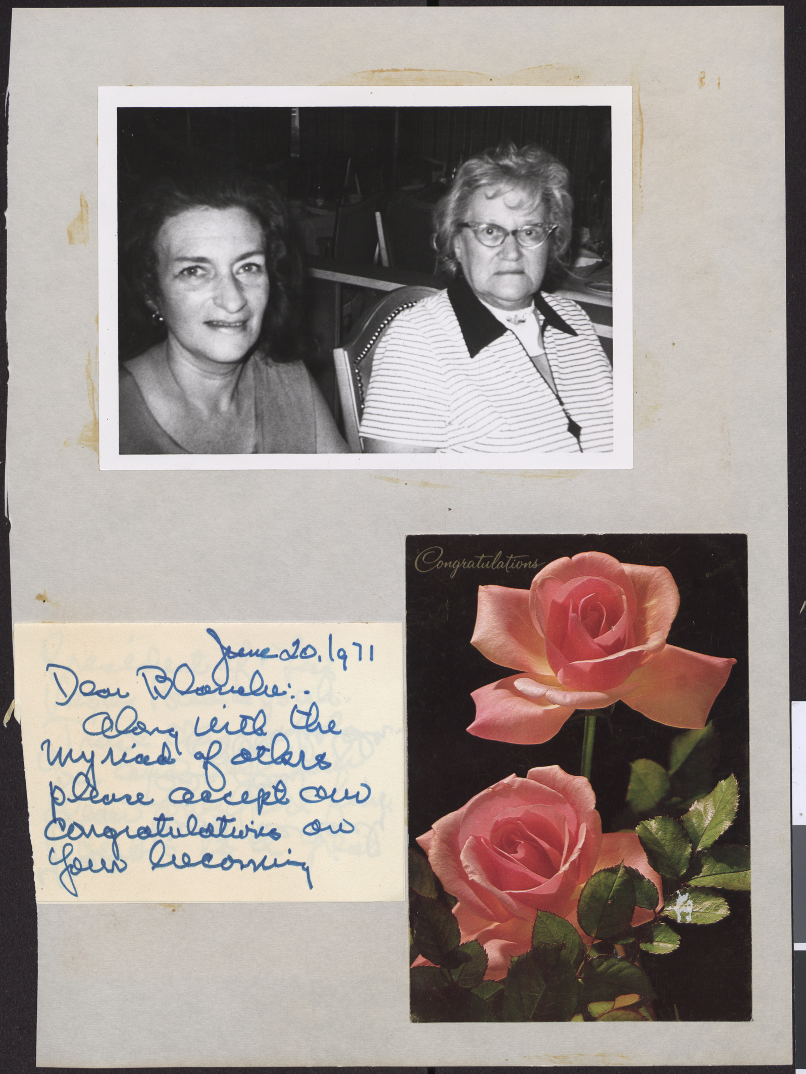 Photograph of Hadassah members, and note of congratulations to Blanche Stein, June 20, 1971, and Congratulations greeting card