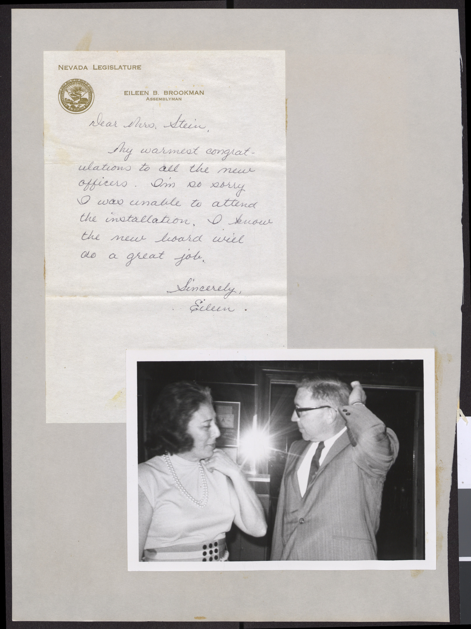 Letter from Eileen Brookman (Carson City, Nev.) to Blanche Stein (Las Vegas, Nev.), date unknown, and photograph of Hadassah event