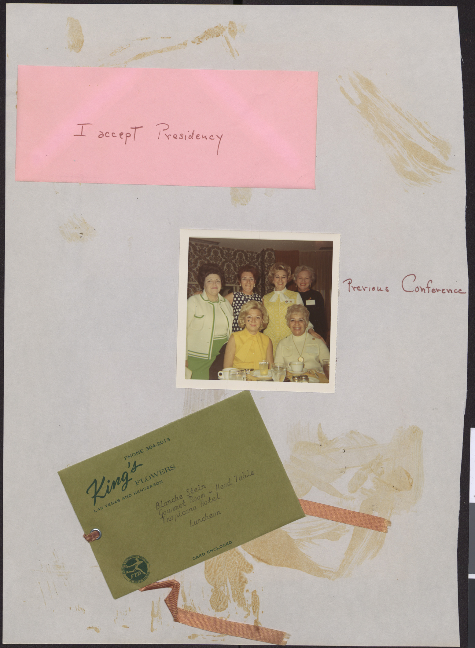 Handwritten note, ""I accept Presidency,"" and photograph of group of women at Hadassah conference, and notecard from floral arrangement for Blanche Stein