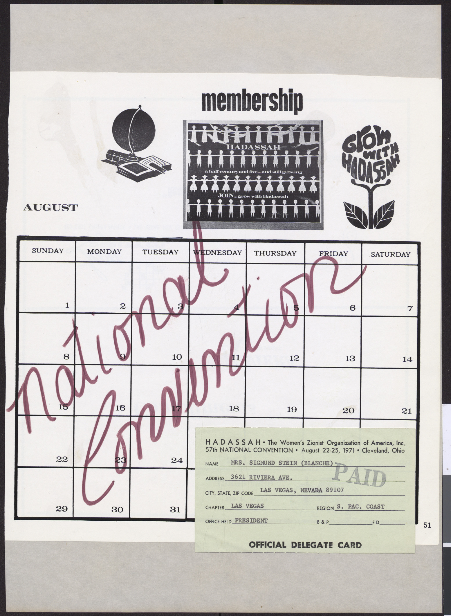Calendar page, August 1971, and delegate card for Blanche Stein at 57th National Convention of Hadassah