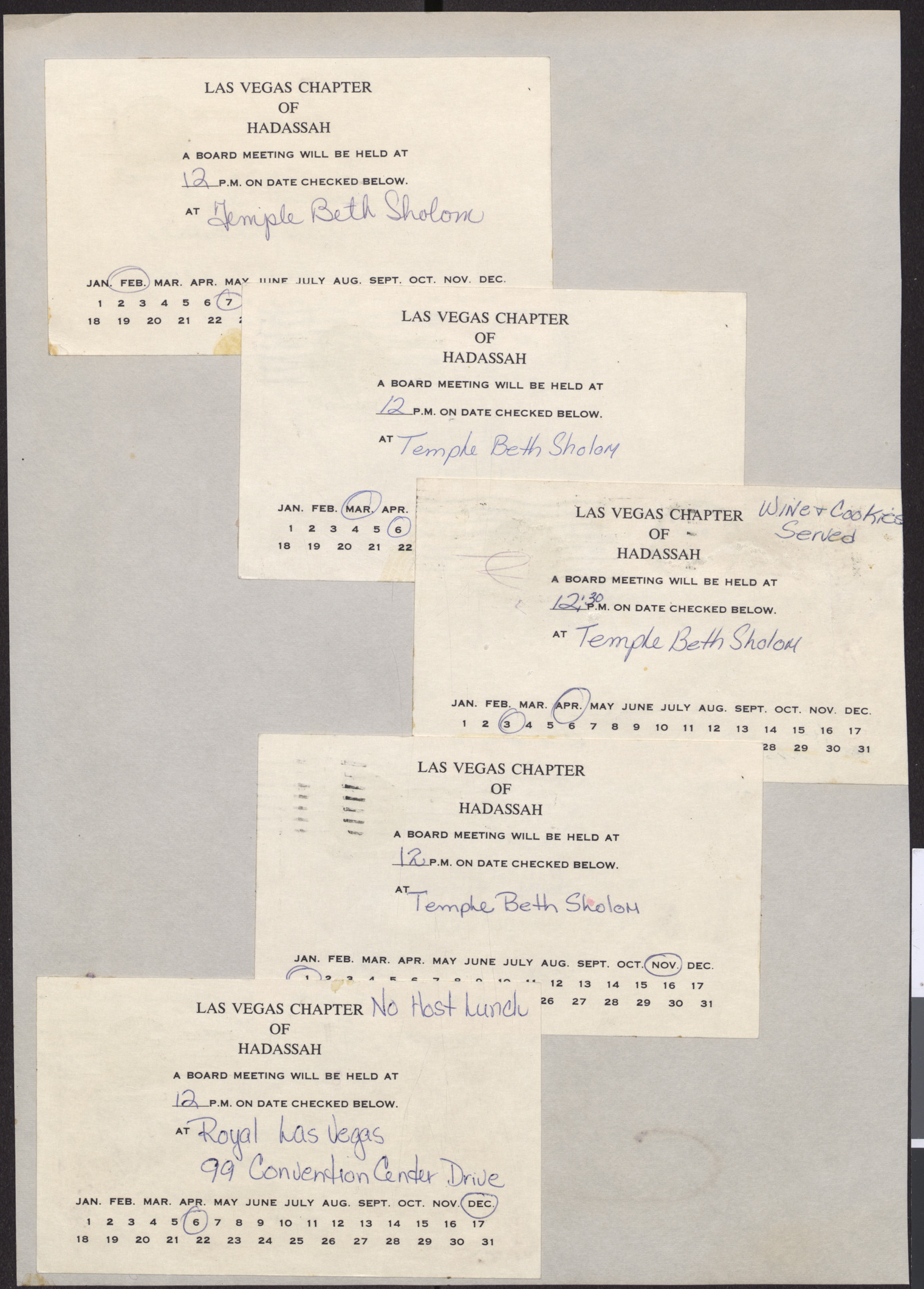 Invitation cards to Hadassah board meetings, February-December 1971