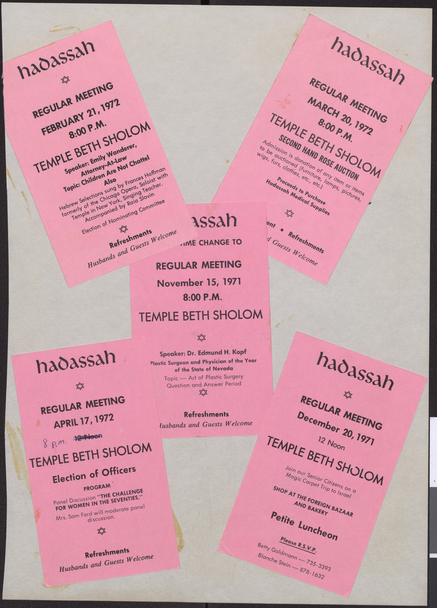 Invitation cards to Hadassah regular meetings, February-December 1971