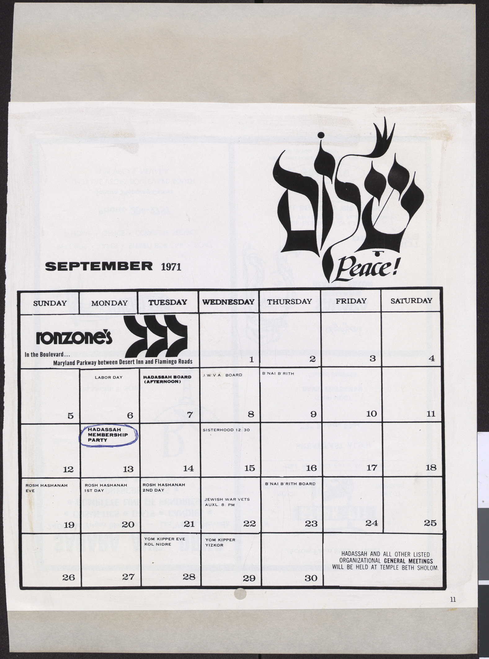 Calendar page, September 1971