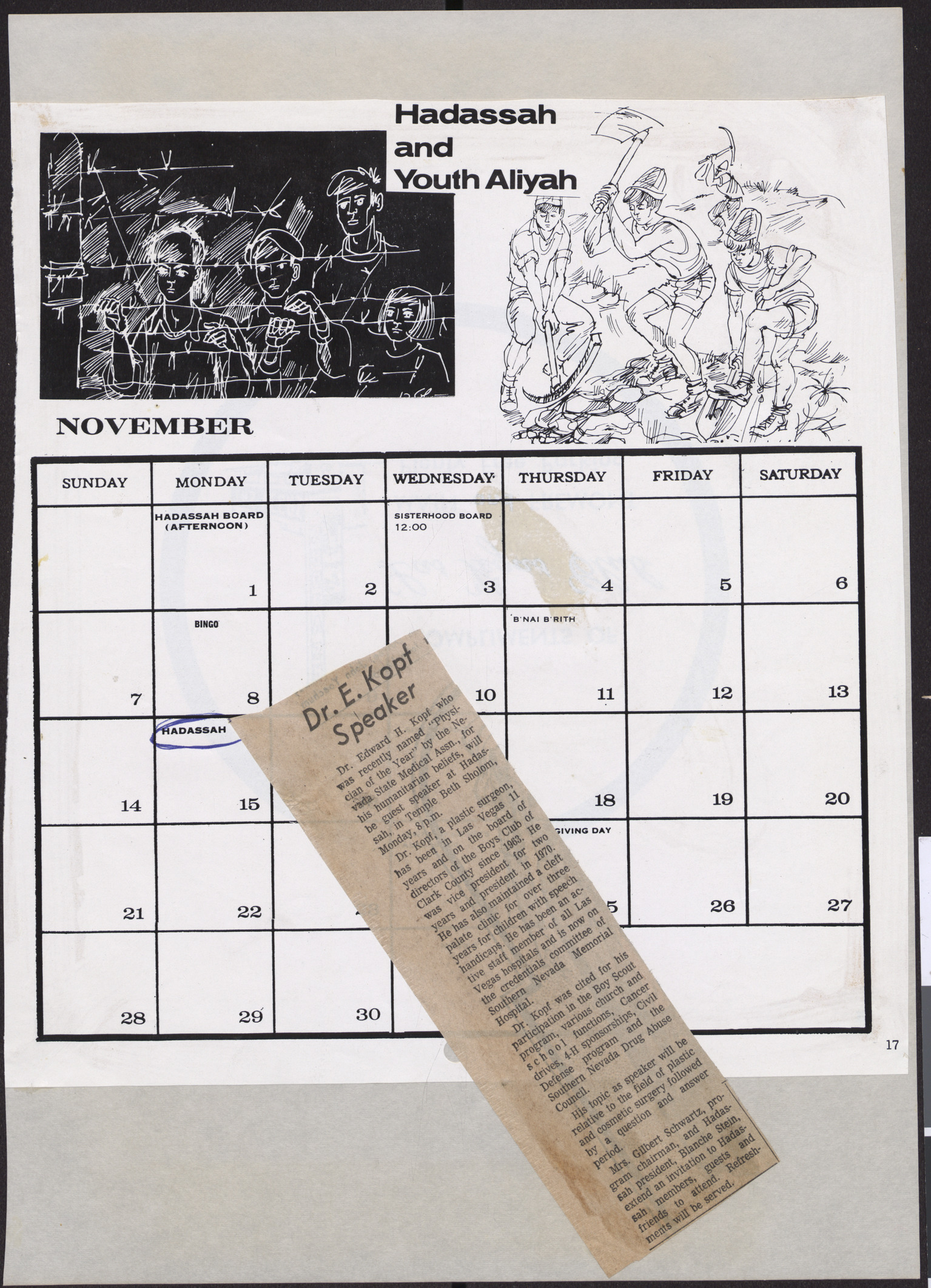 Calendar page for November 1971, and newspaper clipping, Dr. E. Kopf Speaker, publication and date unknown