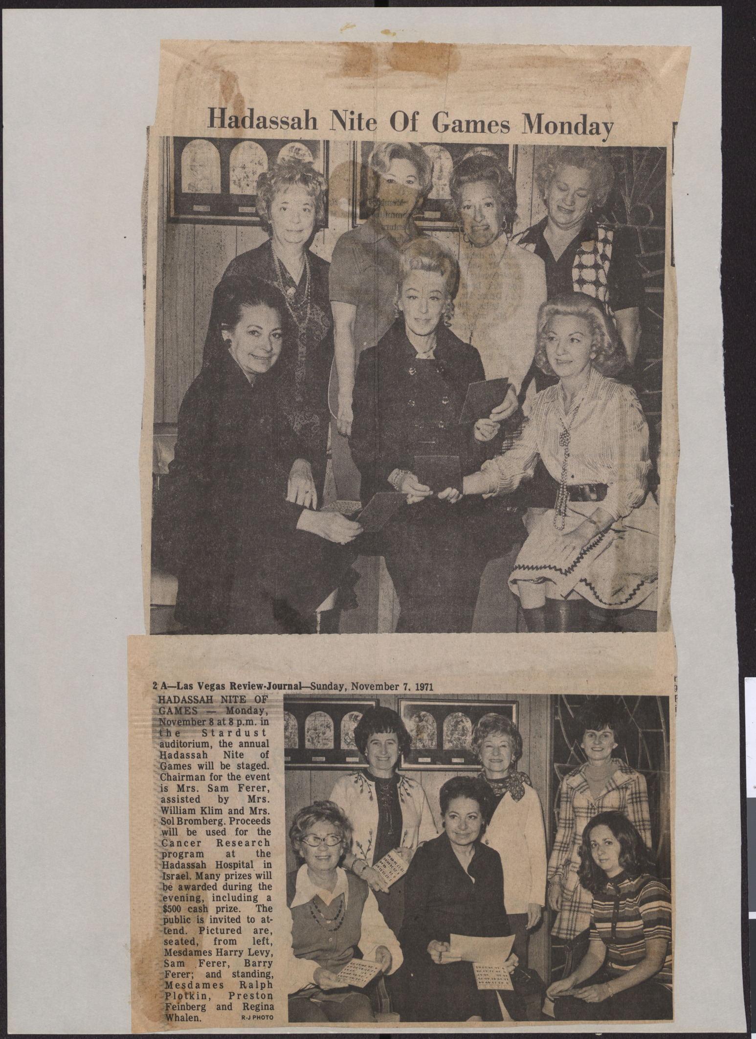 Newspaper clippings about Hadassah game night, November 1971