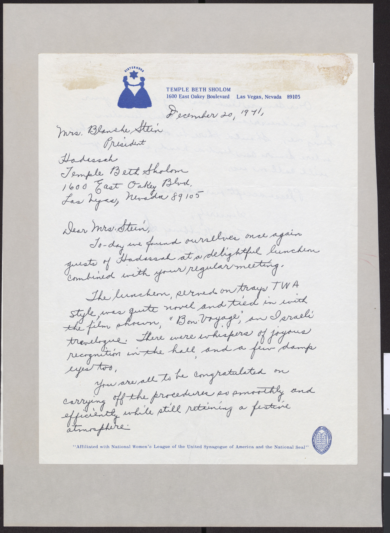 Letter to Blanche Stein, December 20, 1971, and inscription, "Magic Carpet Trip Flight Luncheon," and photographs of Hadassah event