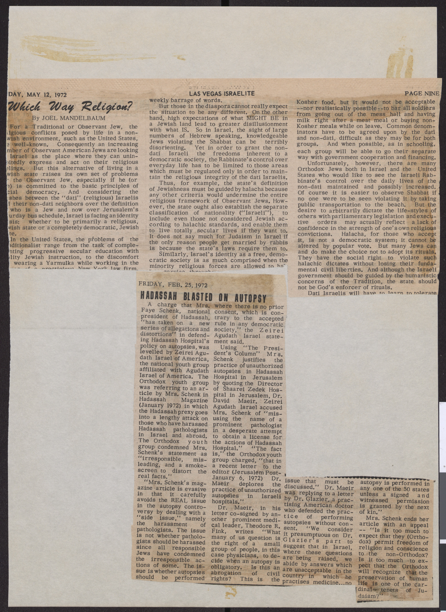 Newspaper clippings, Which Way Religion?, Las Vegas Israelite, May 12, 1972, and Hadassah Blasted on Autopsy, Las Vegas Israelite, February 25, 1972