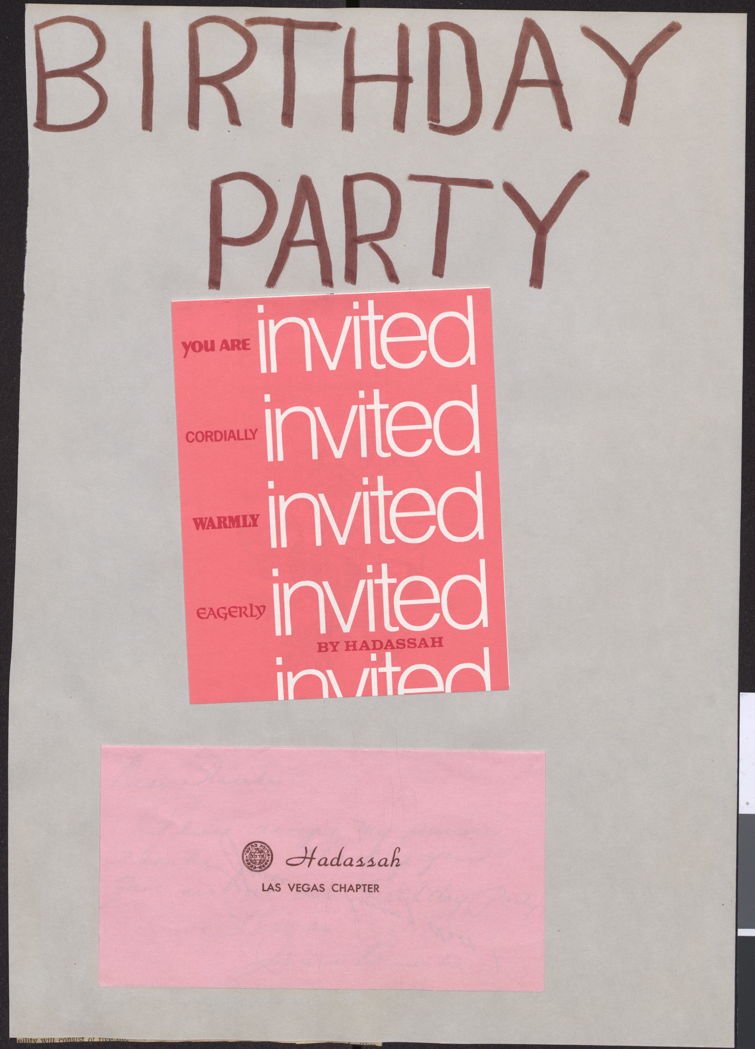 Hadassah birthday party invitation and note, 1972