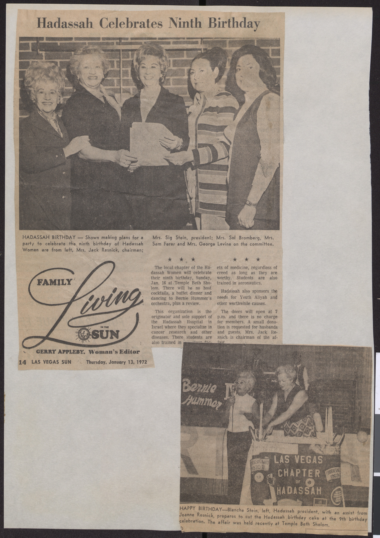 Newspaper clippings about Hadassah birthday party, January 1972