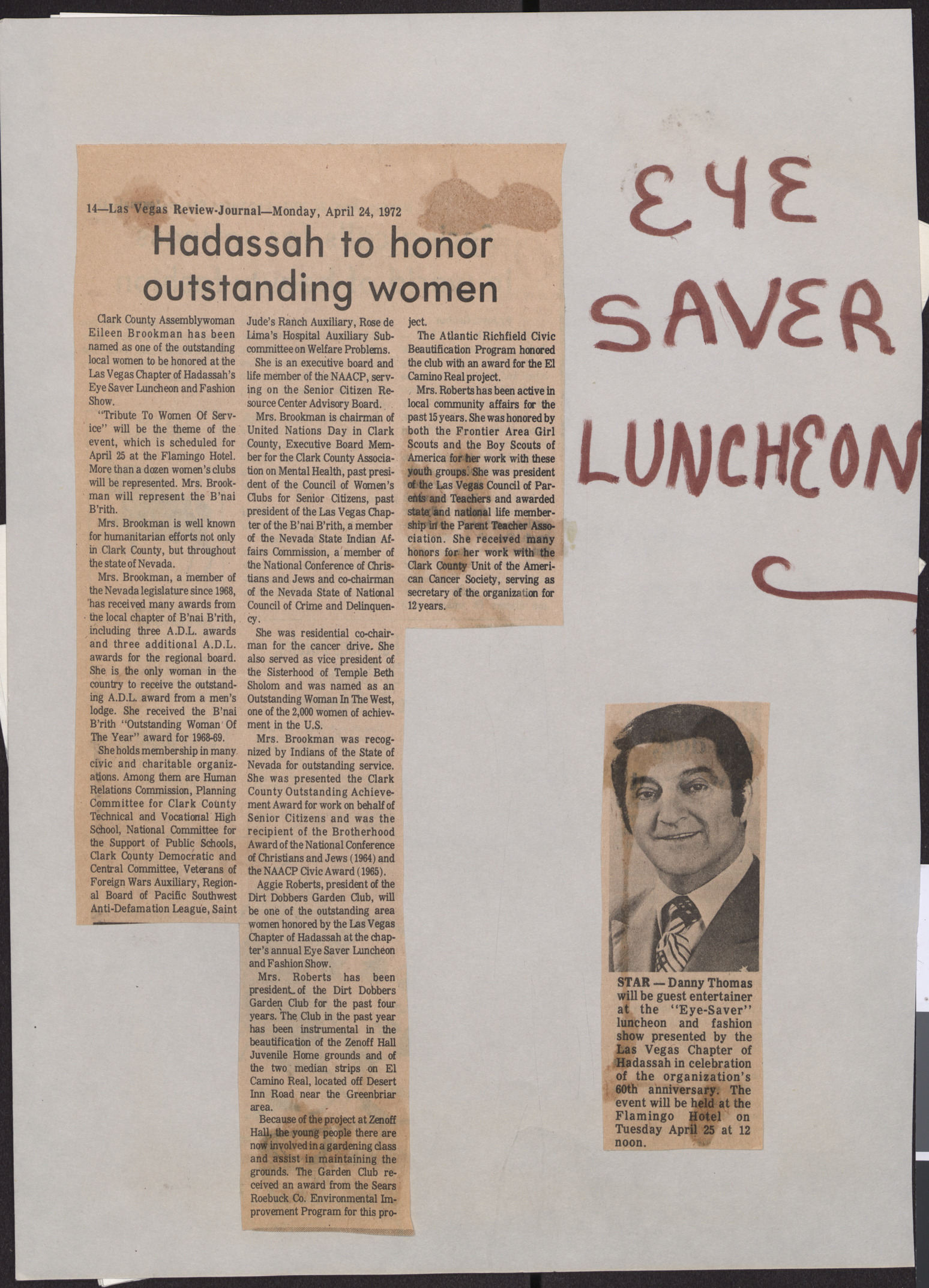 Newspaper clippings about Hadassah honors with inscription, ""Eye Saver Luncheon""