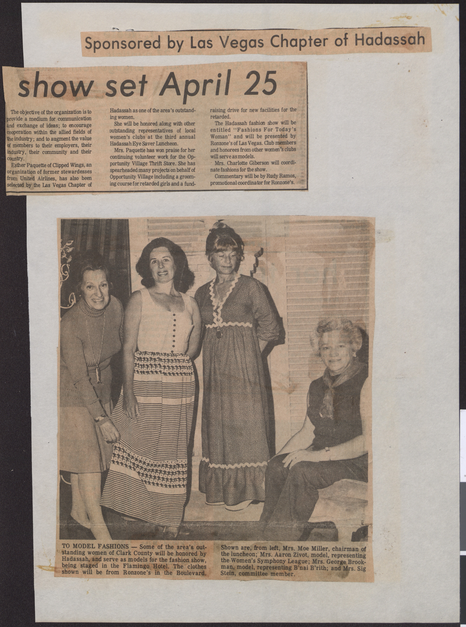 Newspaper clippings about Hadassah luncheon and fashion show