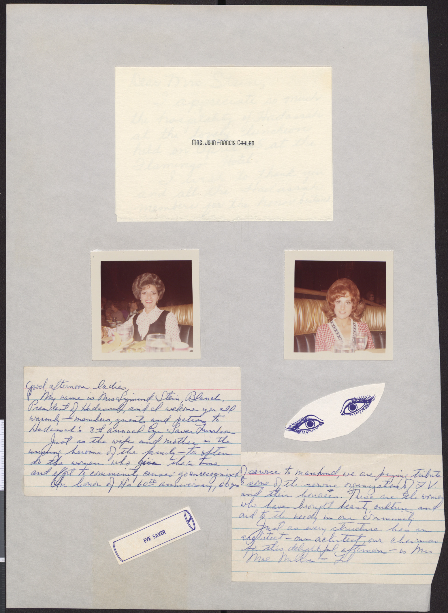 Notecard, photograph and speech script from Hadassah event