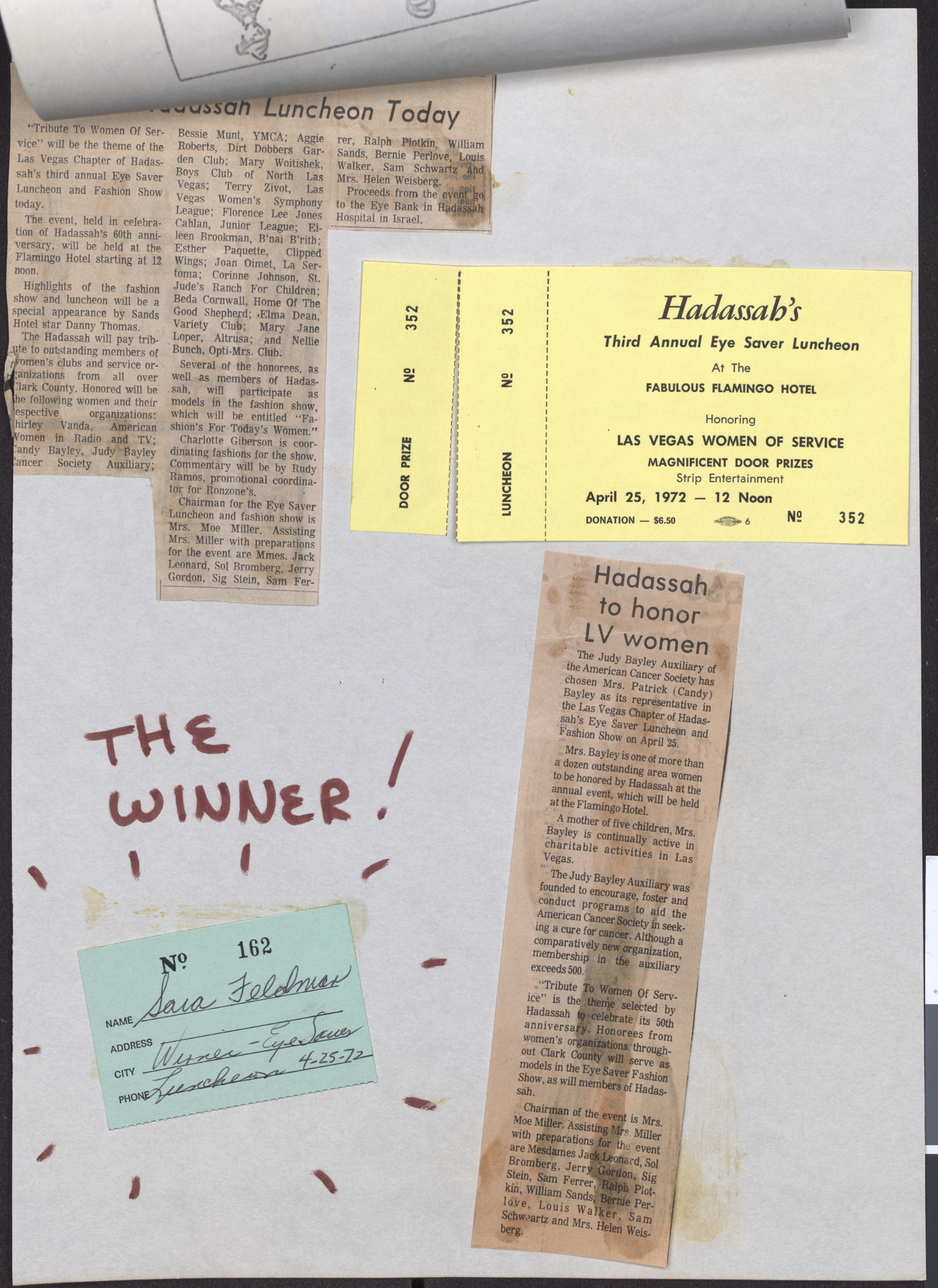 Newspaper clippings about Hadassah luncheon event, ticket for Hadassah's Third Annual Eye Saver Luncheon, April 25, 1972, and raffle ticket stub for Sarah Feldman