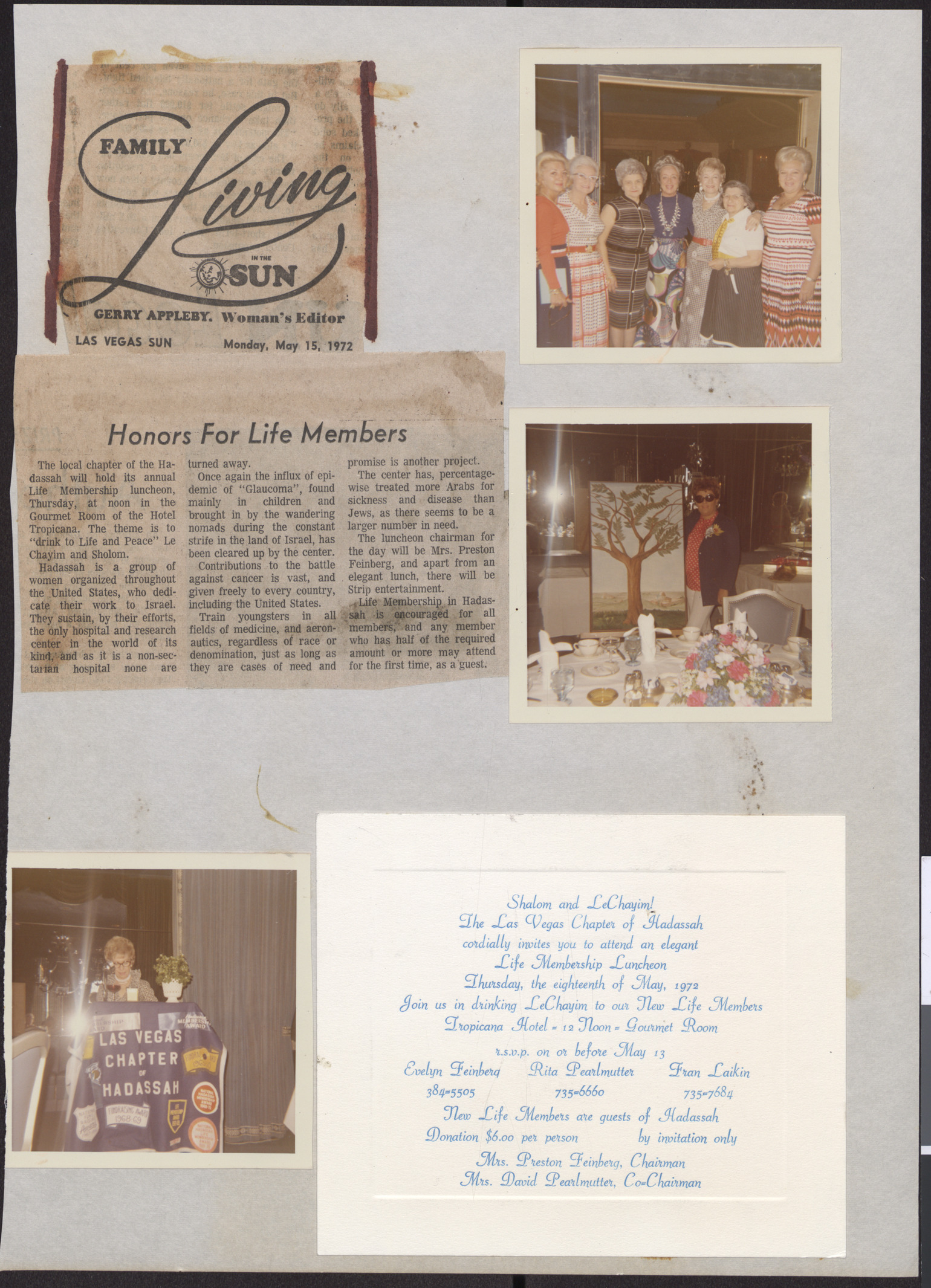Newspaper clipping about Hadassah Life Membership luncheon, with photograph and invitation to the event, May 18, 1972