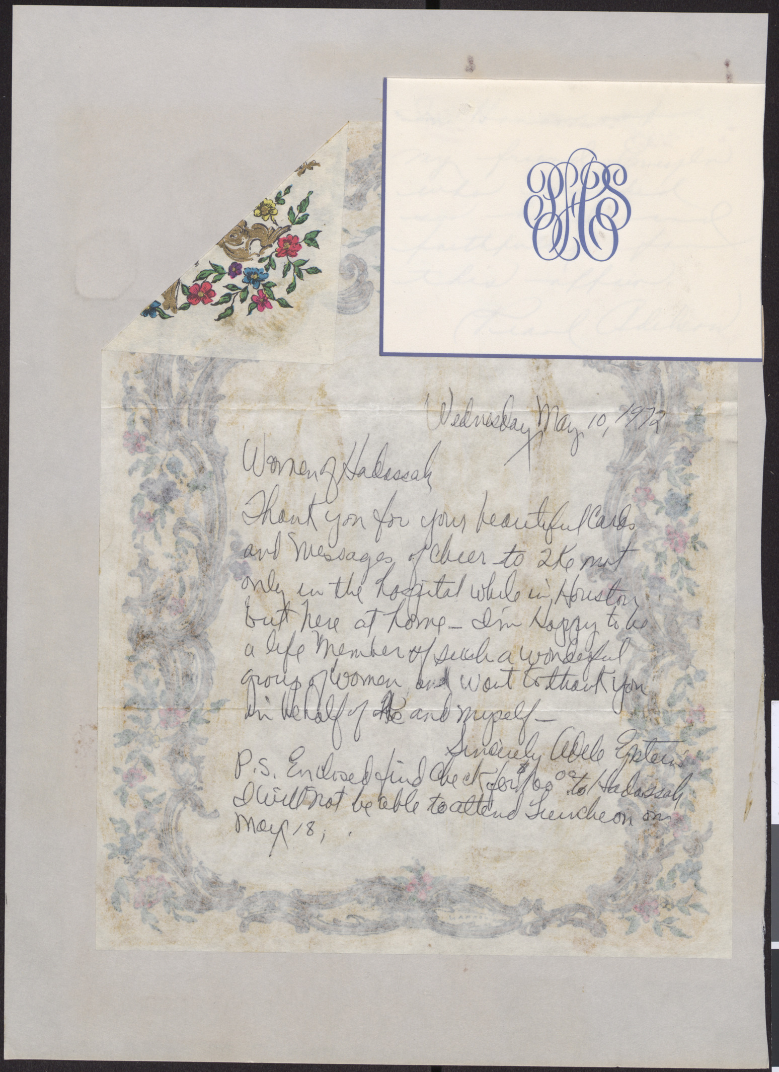 Handwritten letter from Adele Epstein to the Women of Hadassah, May 10, 1972, and mongrammed notecard