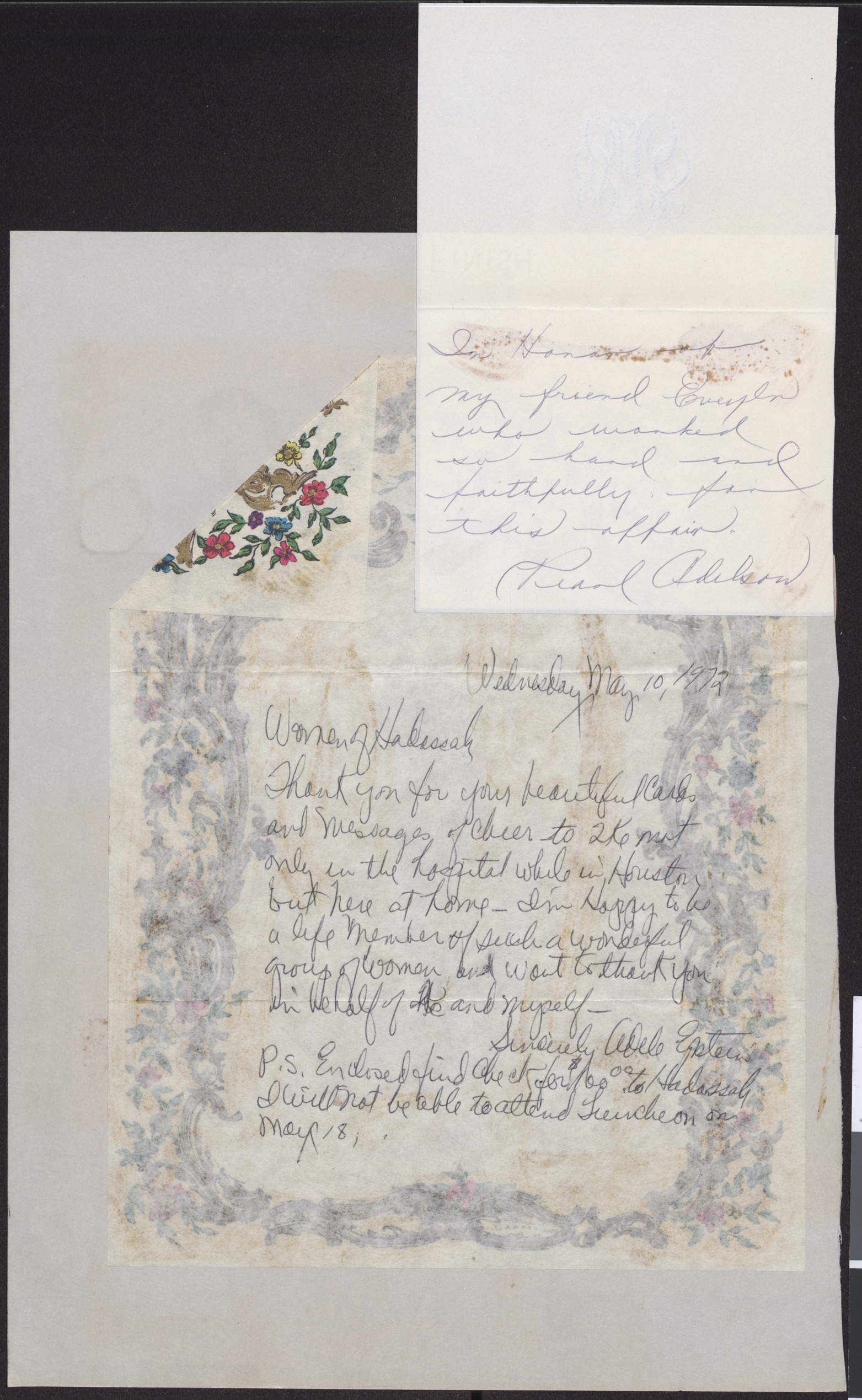 Note from Pearl Adelson to Evelyn, undated