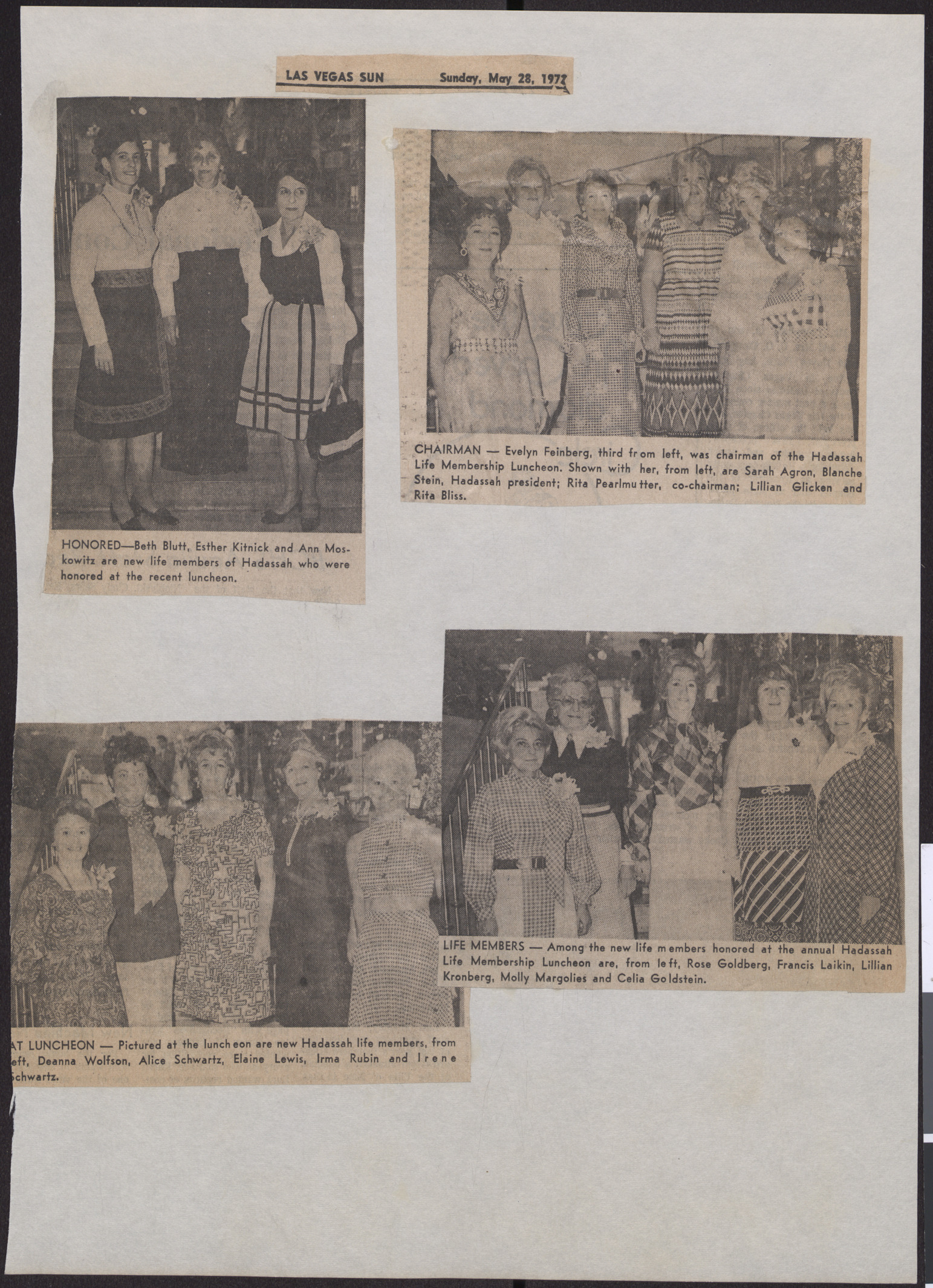 Newspaper clippings of images of Hadassah members, Las Vegas Sun, May 28, 1972
