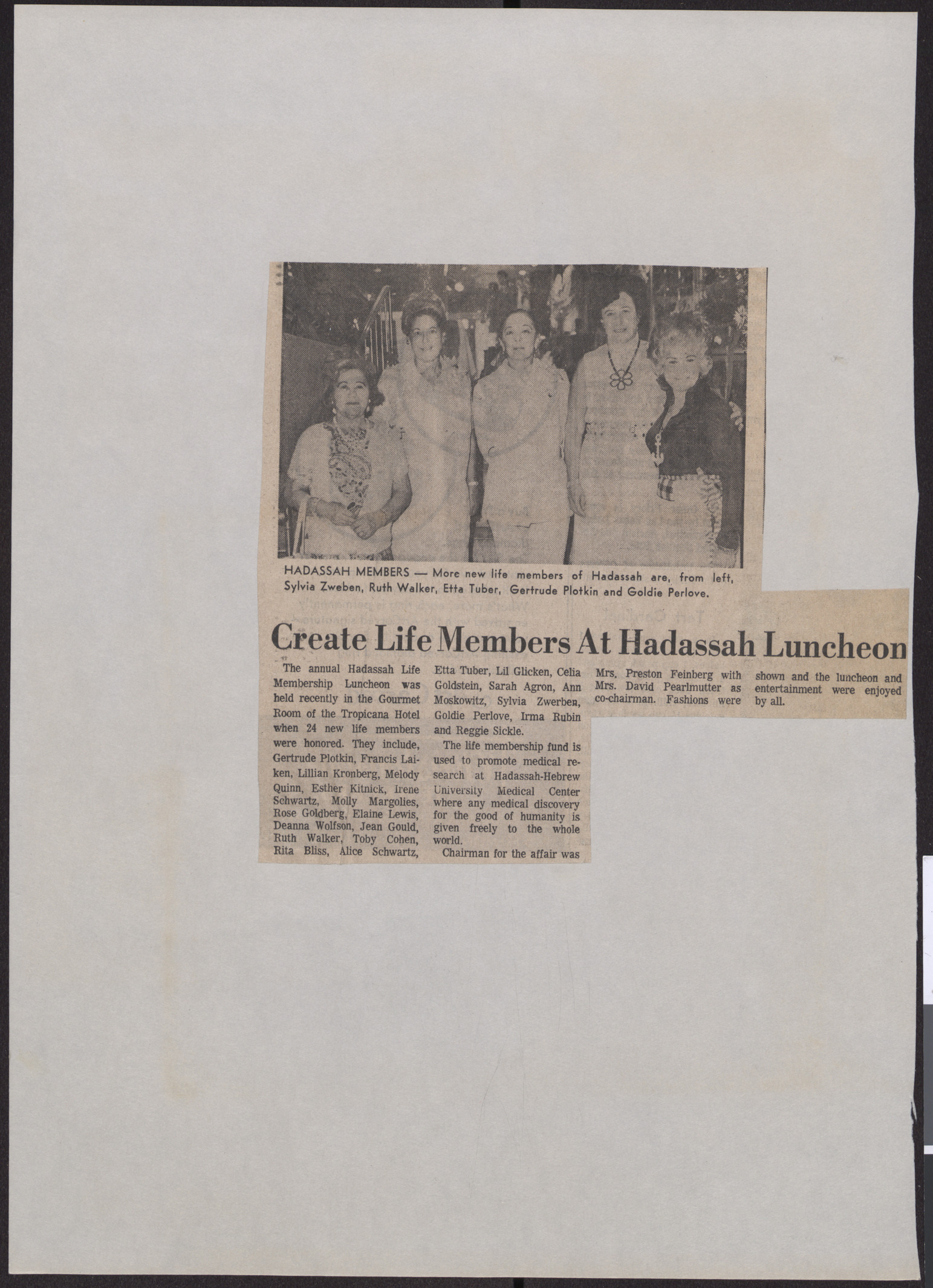 Newspaper clipping, Create Life Members at Hadassah Luncheon, publication and date unknown