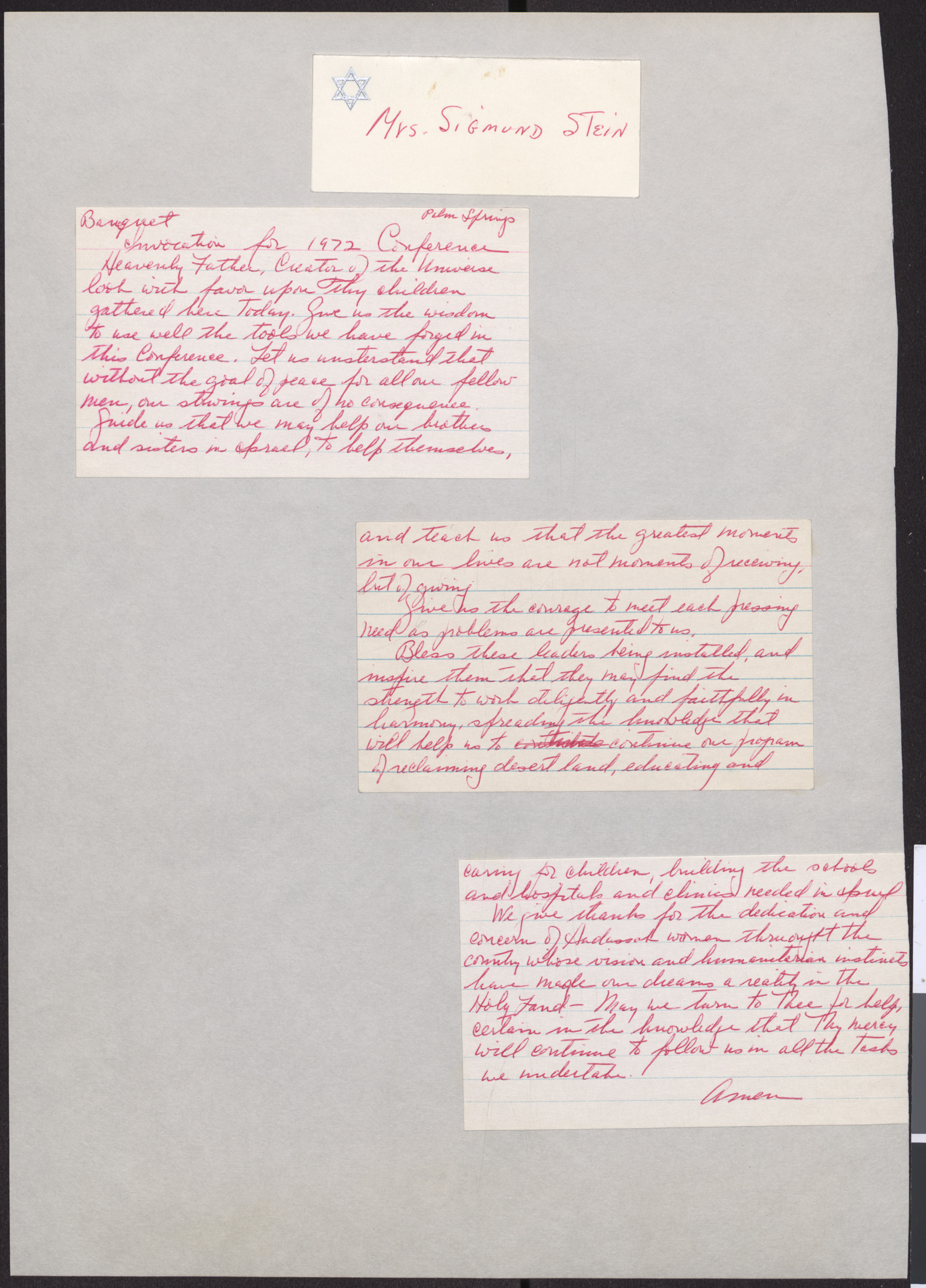 Name card for Mrs. Sigmund Stein, and handwritten notes for invocation at 1972 conference, Palm Springs