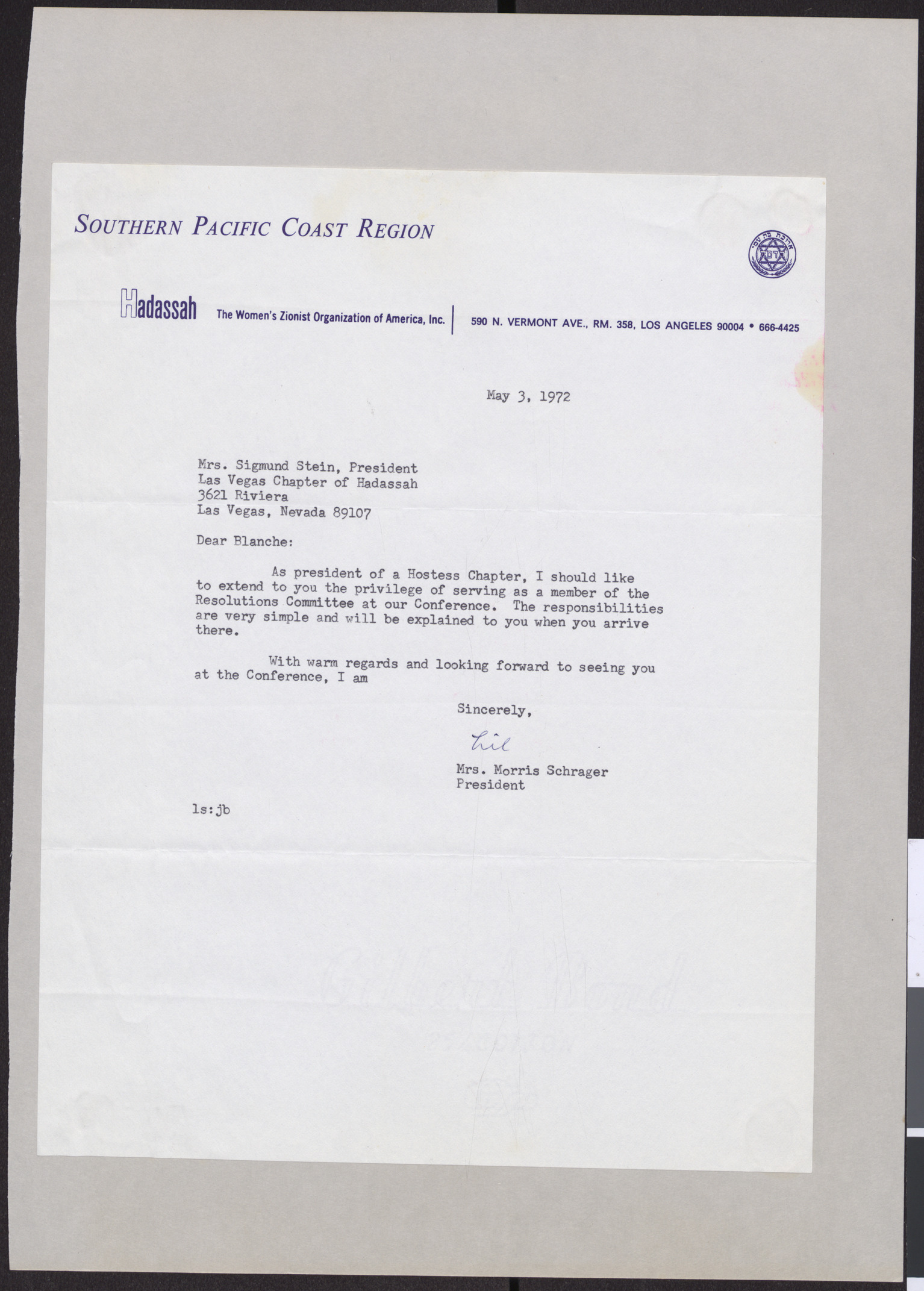 Letter from Mrs. Morris Schrager (Los Angeles, Calif.) to Blanche Stein (Las Vegas, Nev.), May 3, 1972