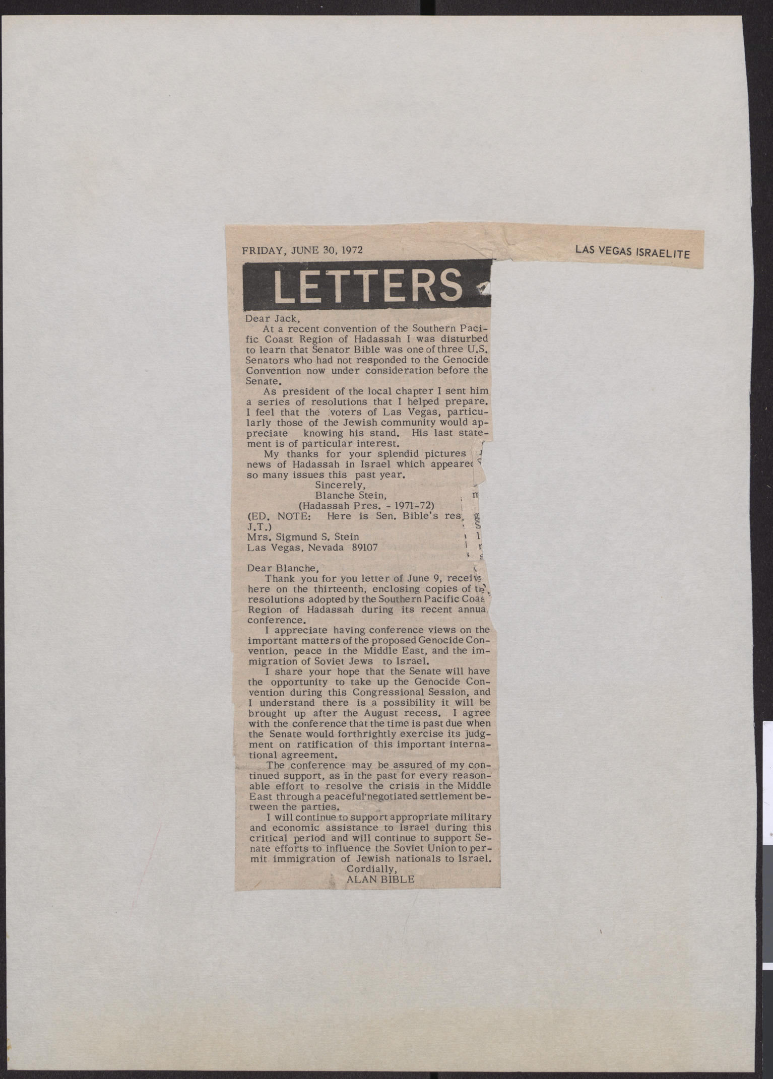 Newspaper clipping, Letter from Blanche Stein to "Jack," and letter from Alan Bible to Blanche Stein, Las Vegas Israelite, June 20, 1972