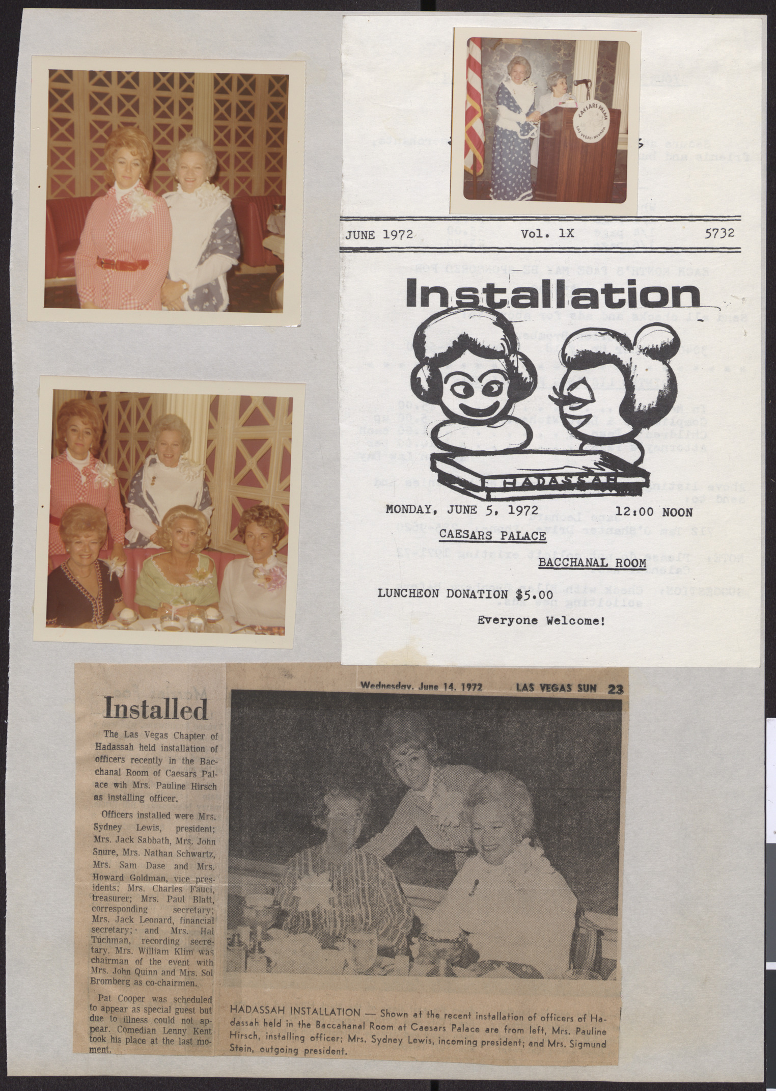 Photographs of Hadassah members at event, Hadassah bulletin and newspaper clipping about Hadassah officer installation, June 1972