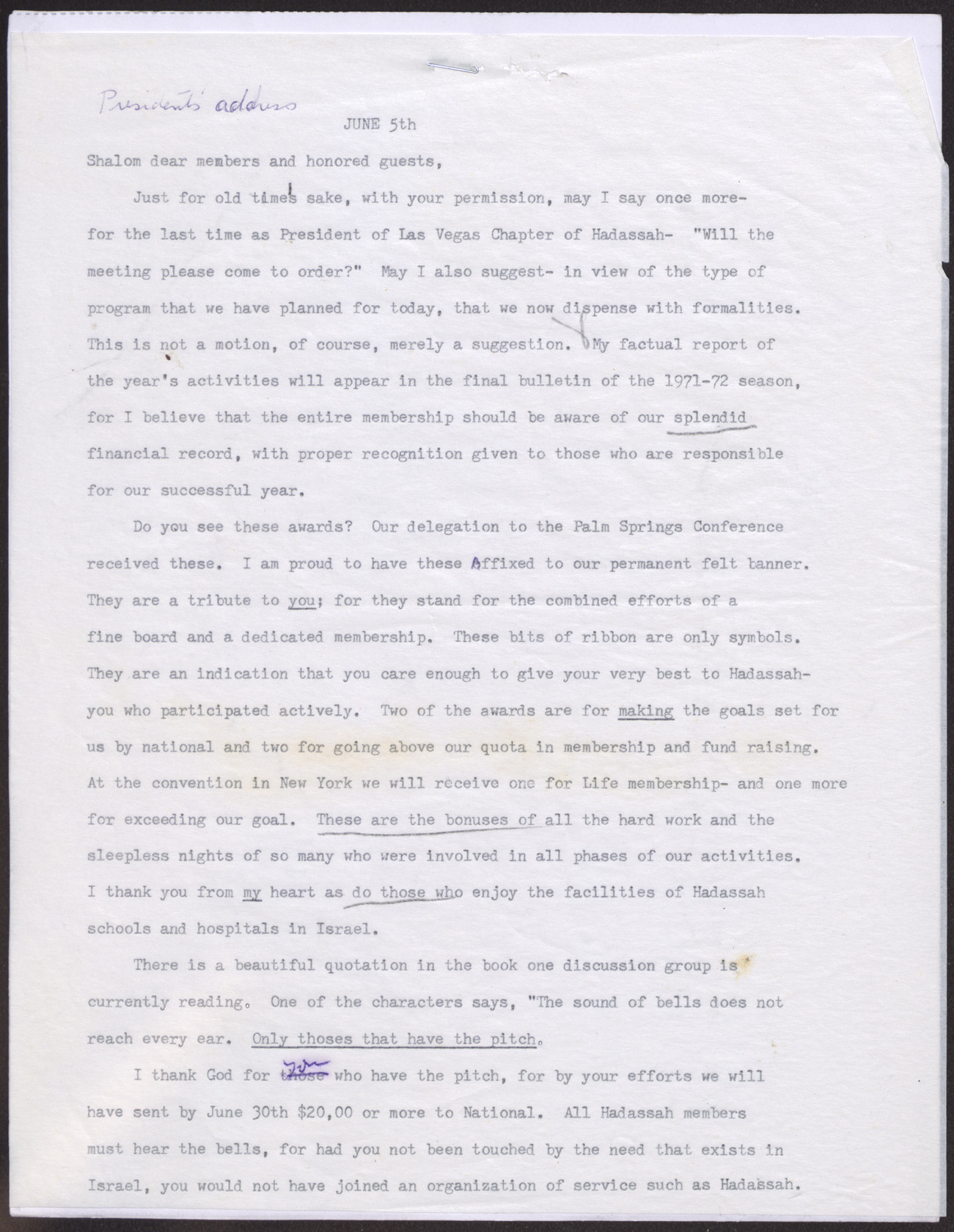 Transcript of Blanche Stein's President's address, June 1972, page 1