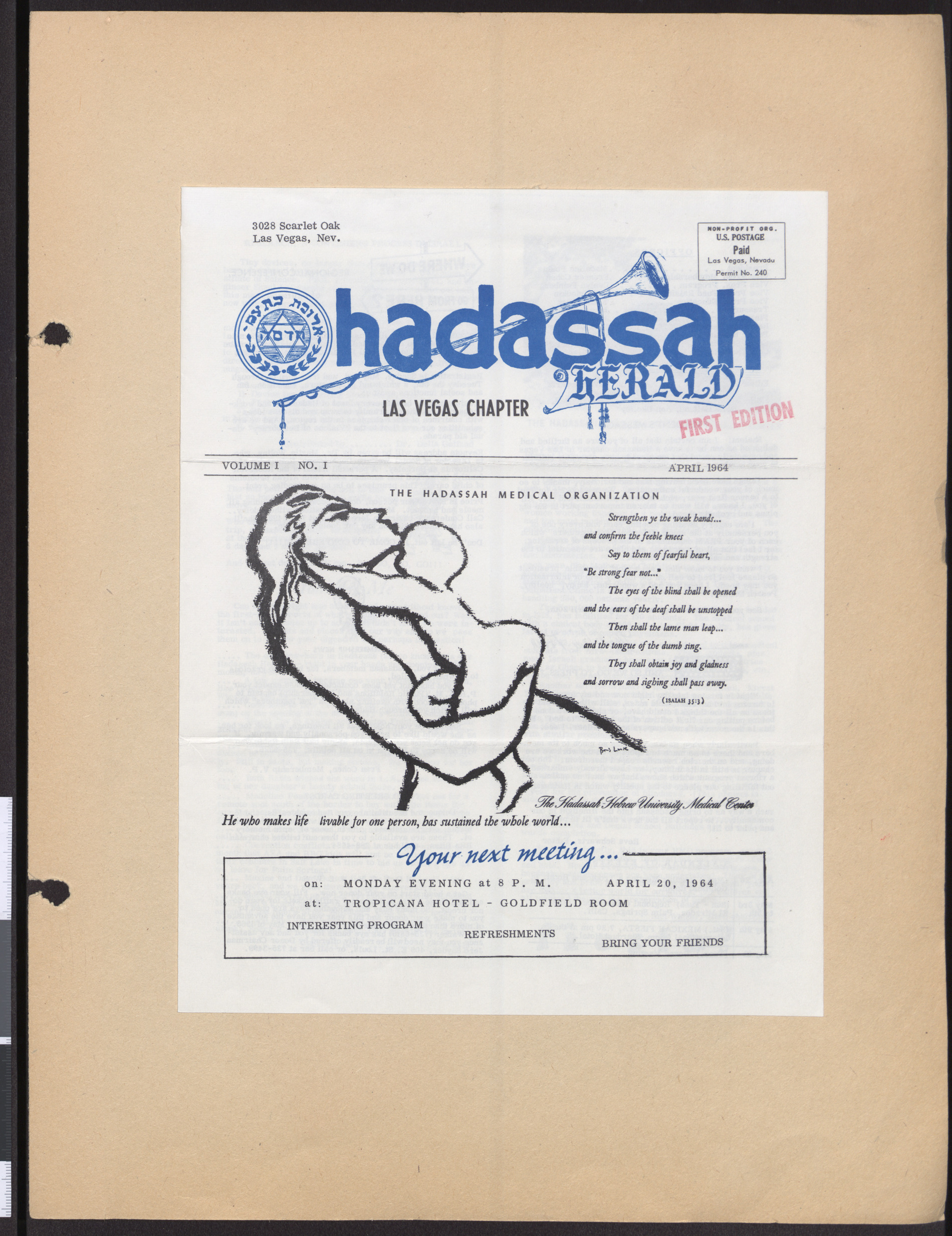 Hadassah Las Vegas Chapter newsletter, April 1964, cover