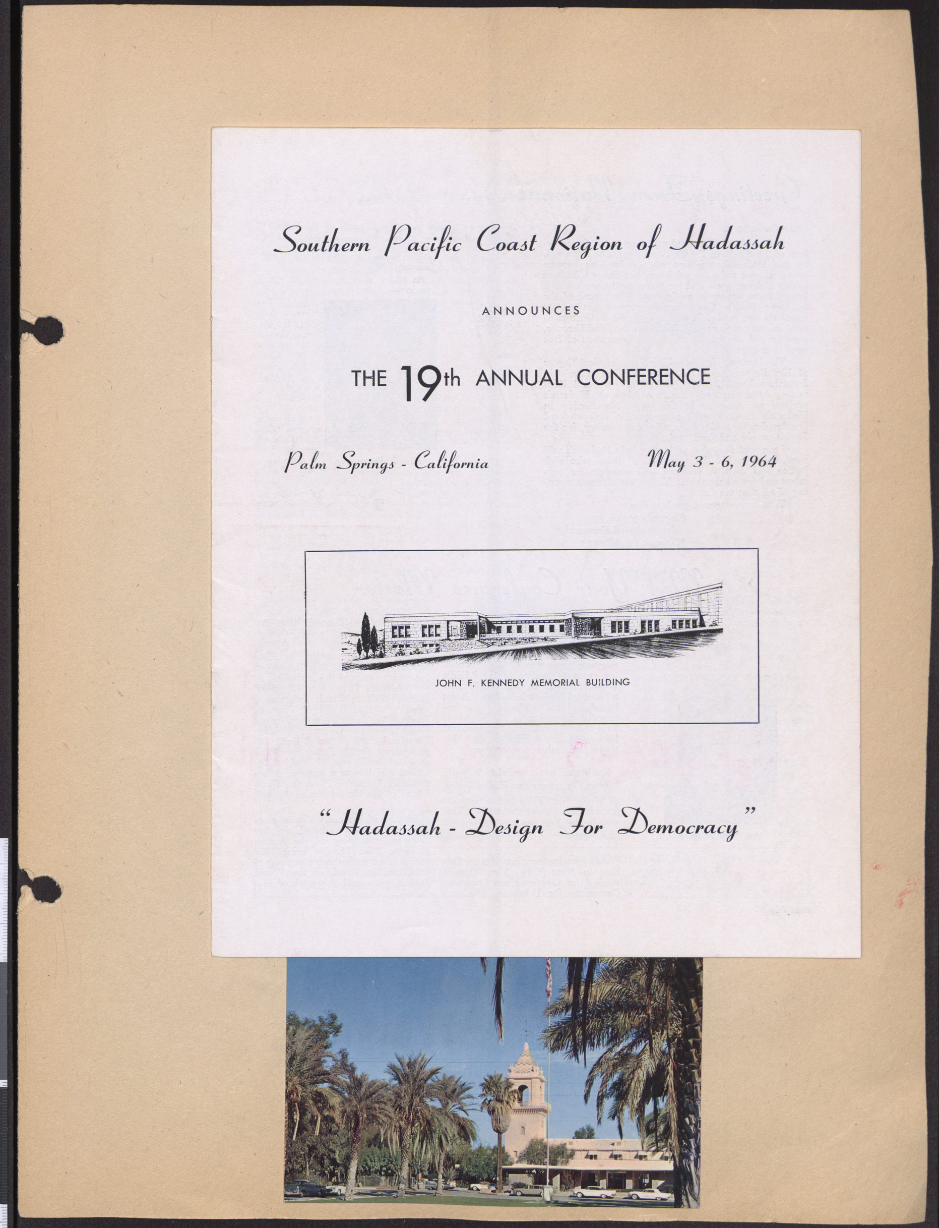 Conference program, Southern Pacific Coast Region of Hadassah, 19th annual conference, May 3-6, 1964, and postcard from Palm Springs, California