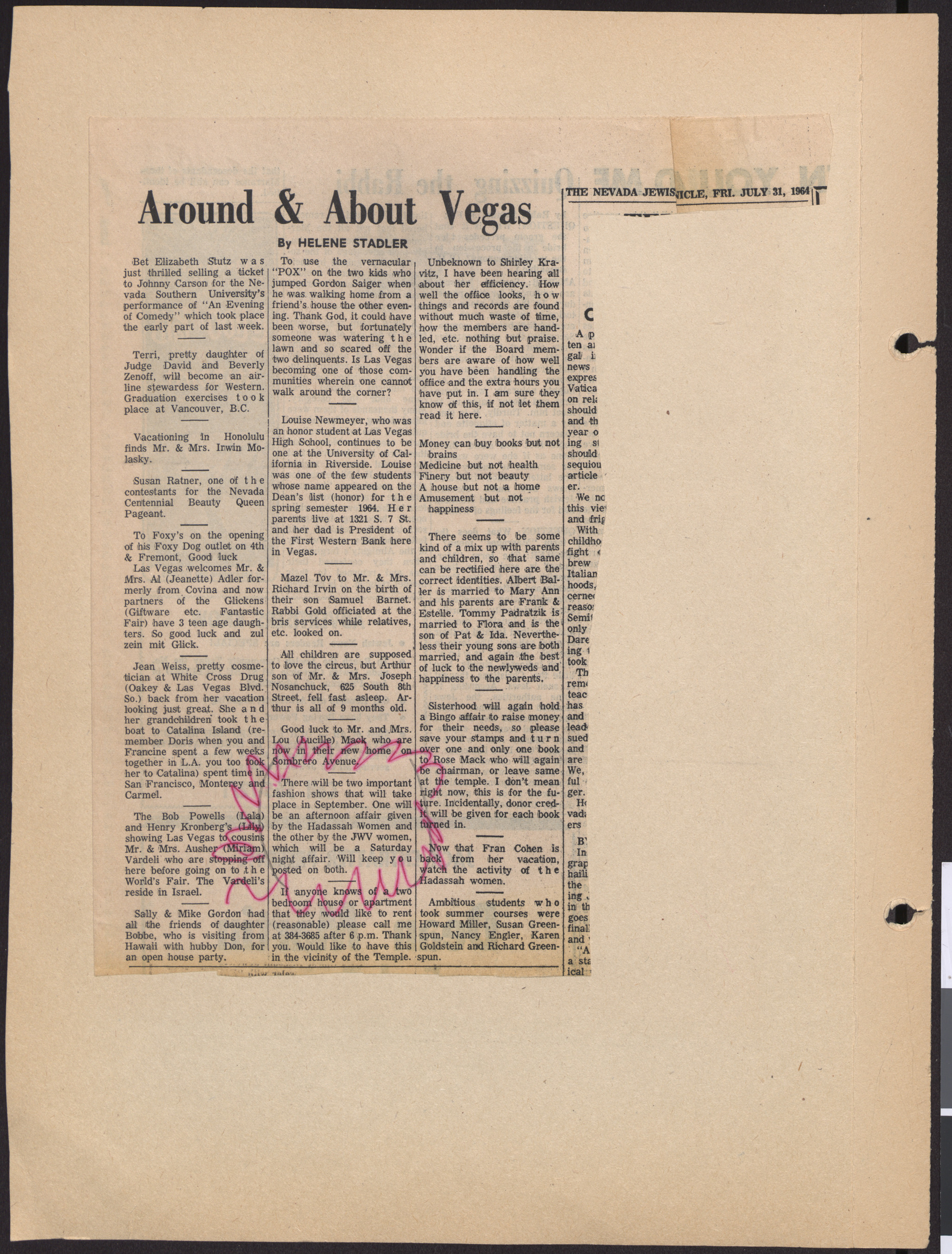 Newspaper clipping, Around & About Vegas, The Nevada Jewish Chronicle, July 31, 1964