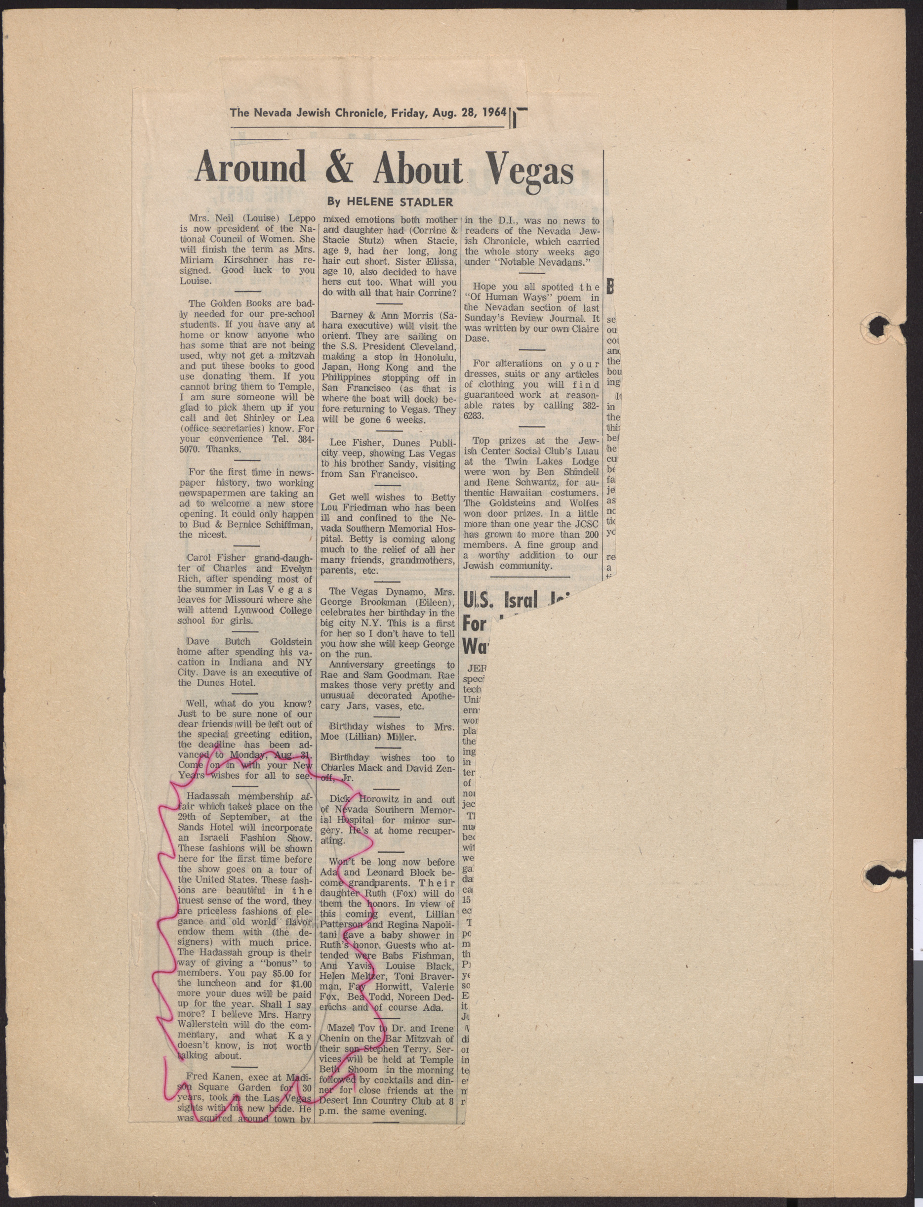 Newspaper clipping, Around & About Vegas, The Nevada Jewish Chronicle, August 28, 1964