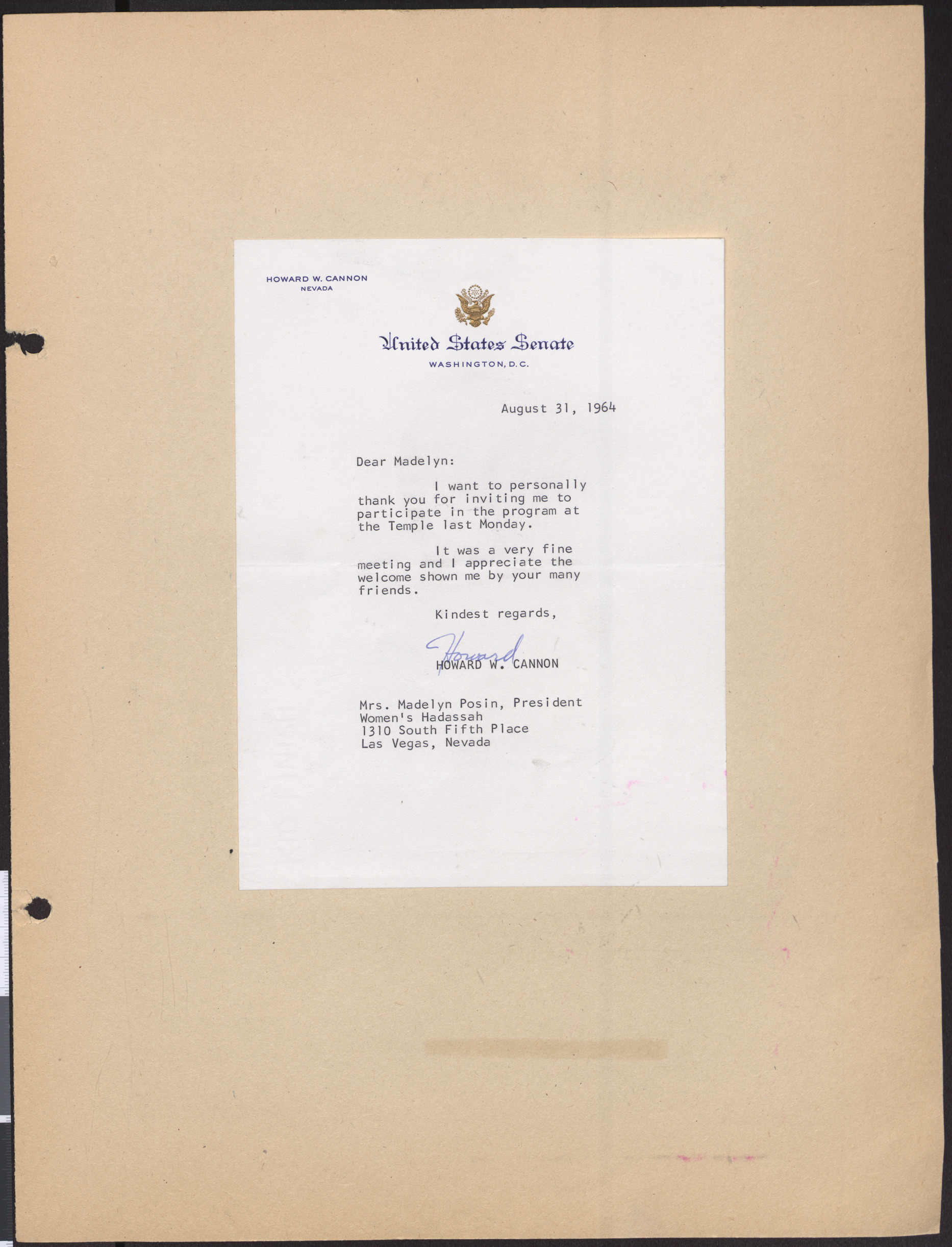 Letter from Howard W. Cannon (Washington, D.C.) to Madelyn Posin (Las Vegas, Nev.), August 31, 1964