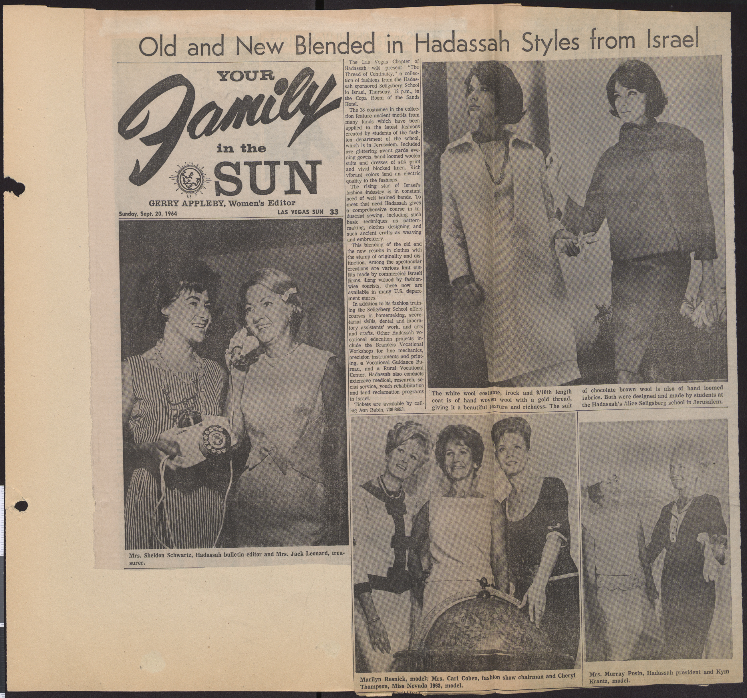 Newspaper clipping, Old and New Blended in Hadassah Styles from Israel, Las Vegas Sun, September 20, 1964