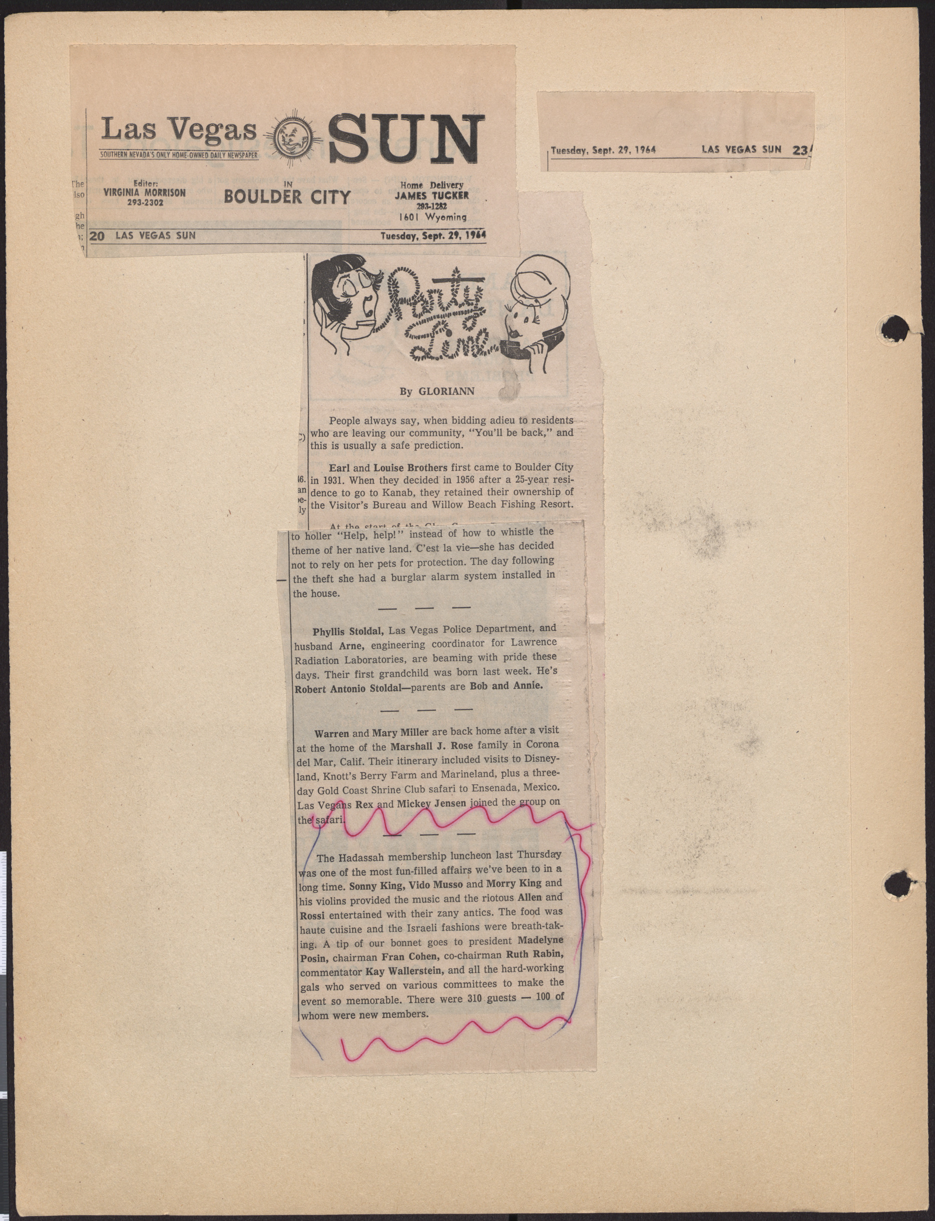 Newspaper clipping, Party Line, Las Vegas Sun, September 29, 1964