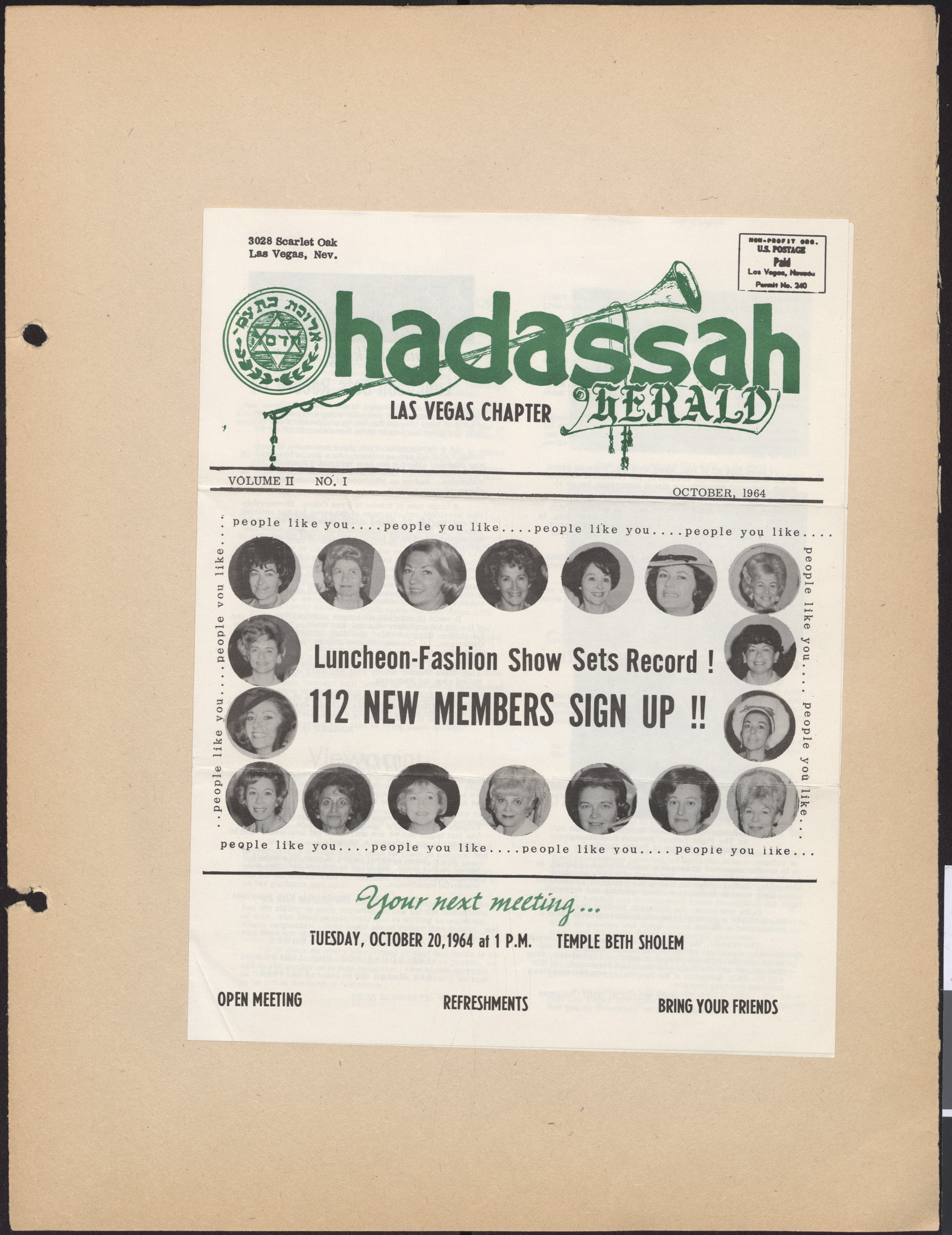 Hadassah Las Vegas Chapter newsletter, October 1964, cover