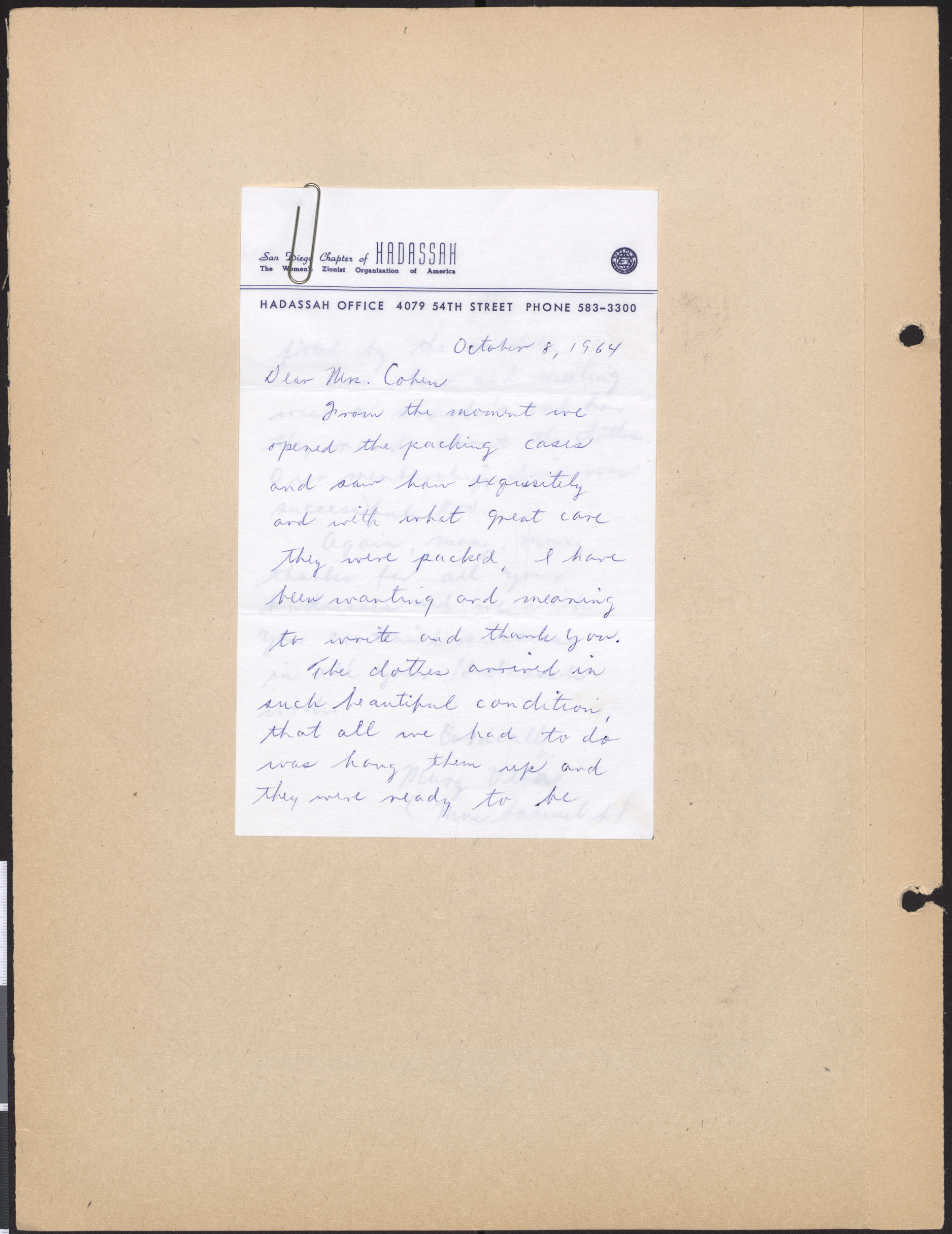 Letter from Mary Verner to Fran Cohen, October 8, 1964, page 1