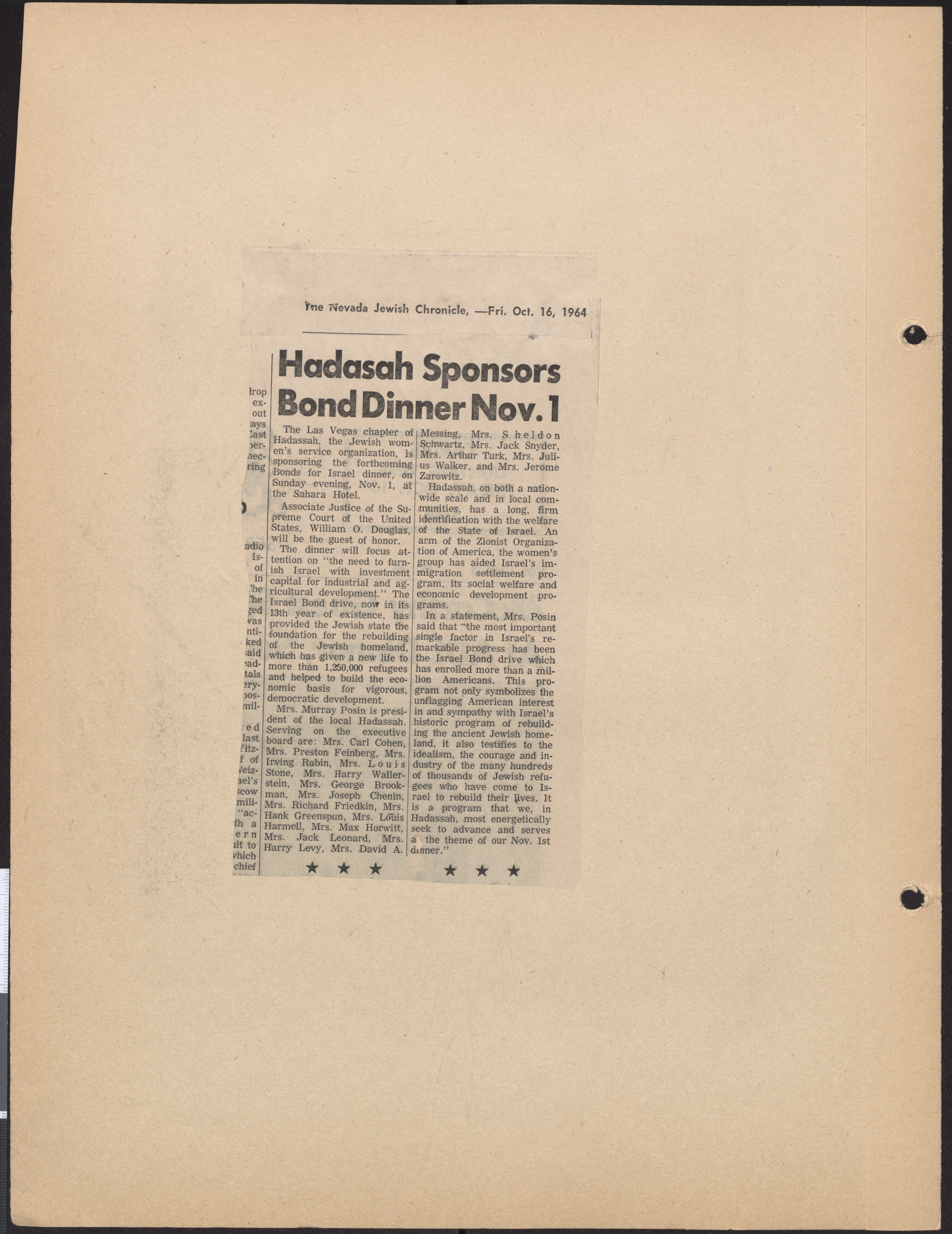 Newspaper clipping, Hadassah sponsors bond dinner Nov. 1, The Nevada Jewish Chronicle, October 16, 1964