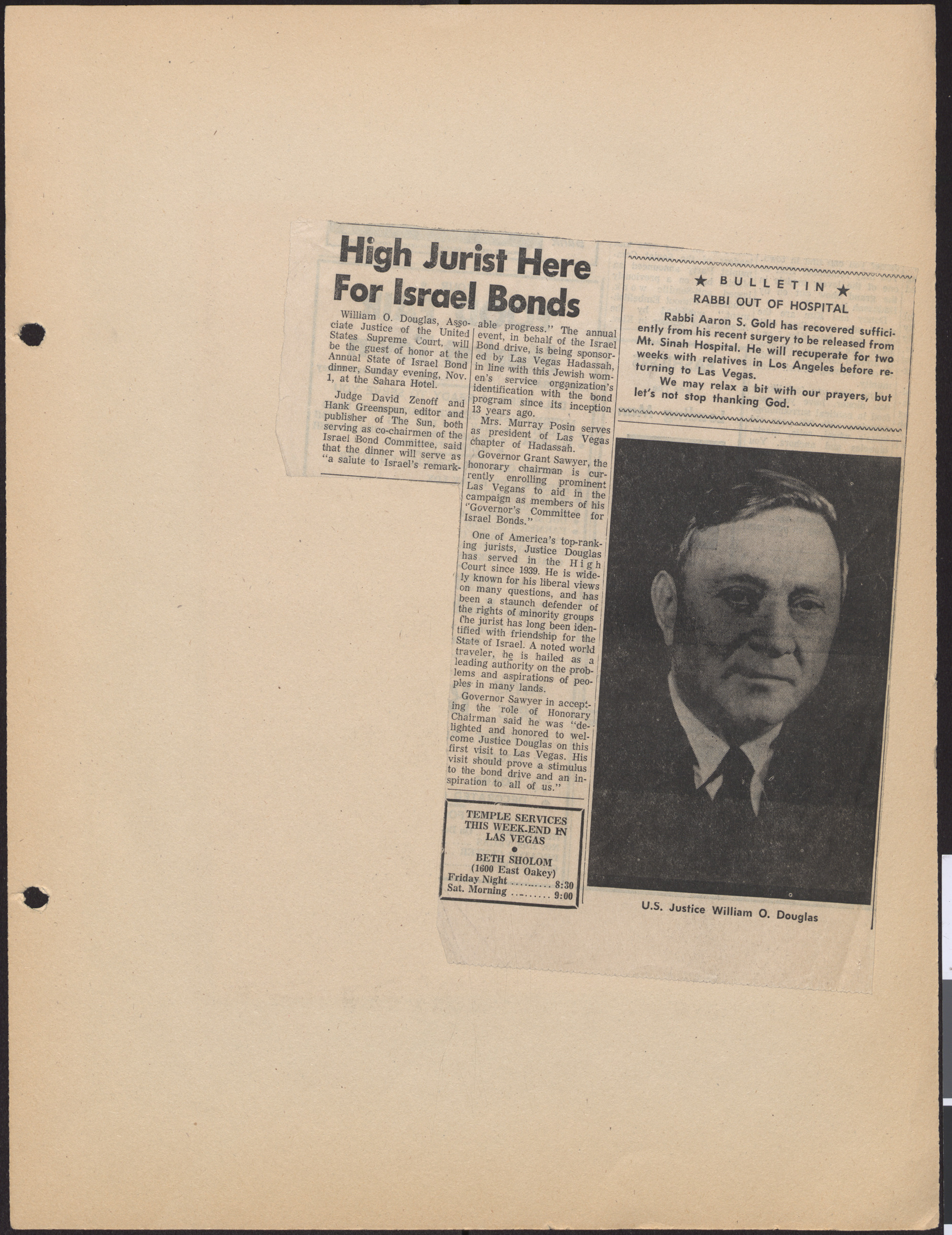 Newspaper clipping, High Jurist Here for Israel Bonds, publication and date unknown