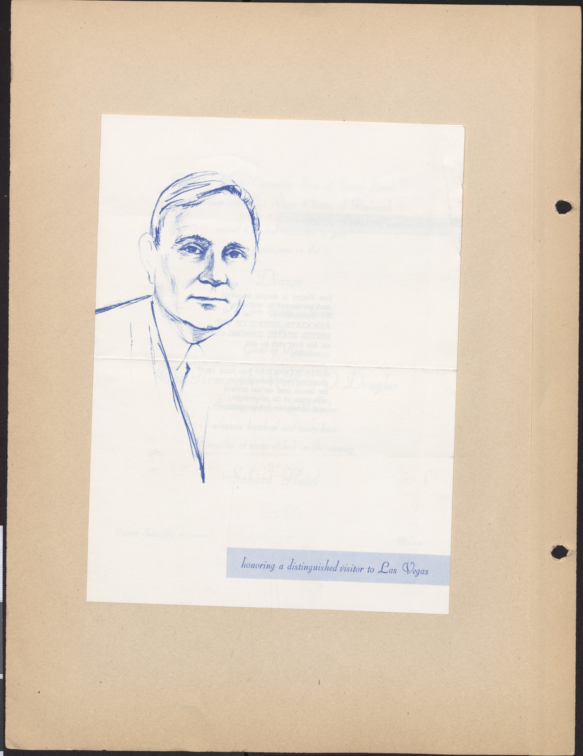 Event invitation for honoring a distinguished visitor in Las Vegas, The Honorable William O. Douglas, cover