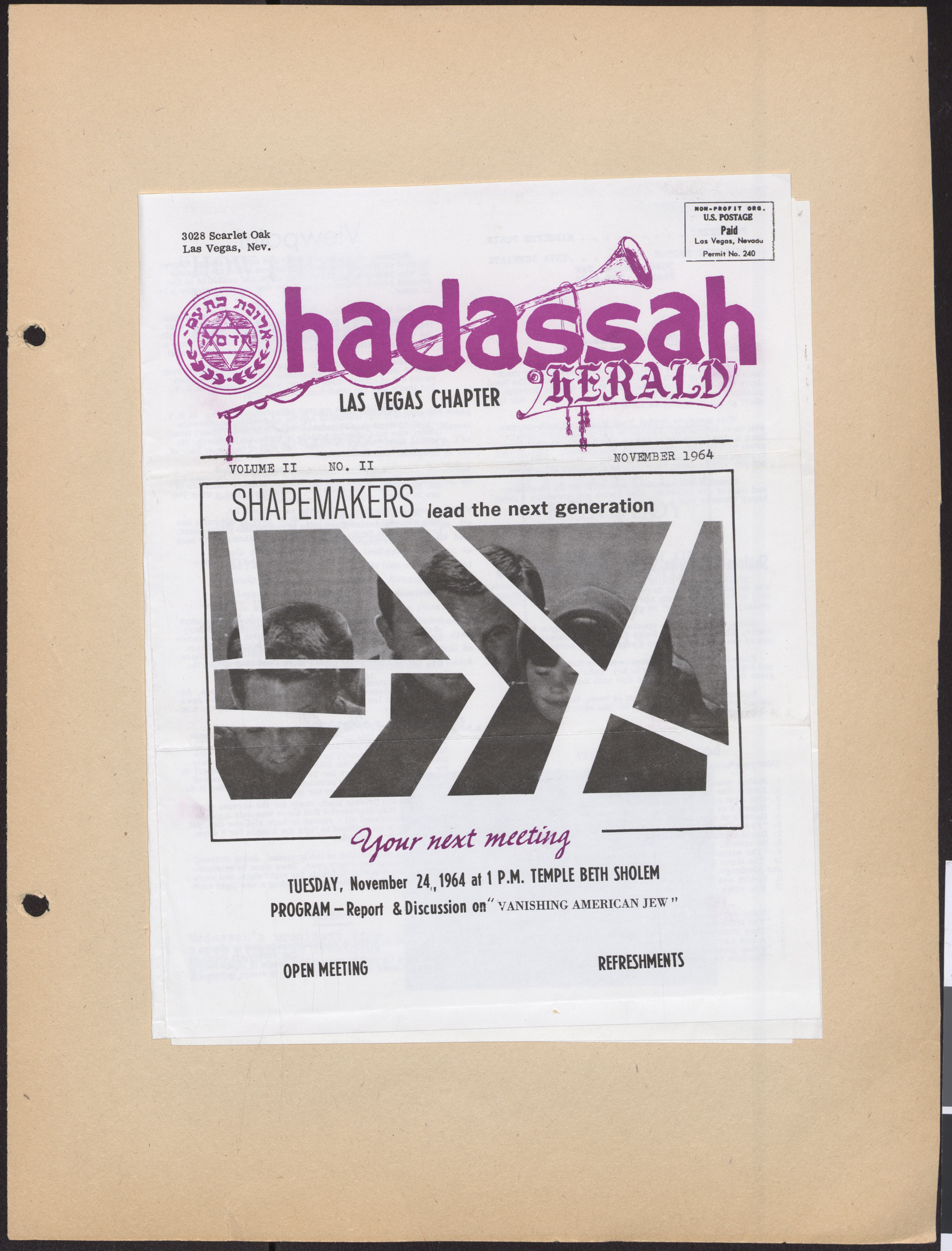 Hadassah Las Vegas Chapter newsletter, November 1964, cover