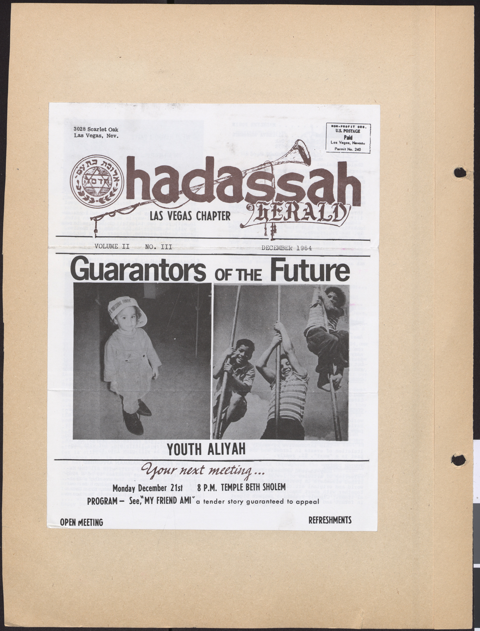 Hadassah Las Vegas Chapter newsletter, December 1964, cover