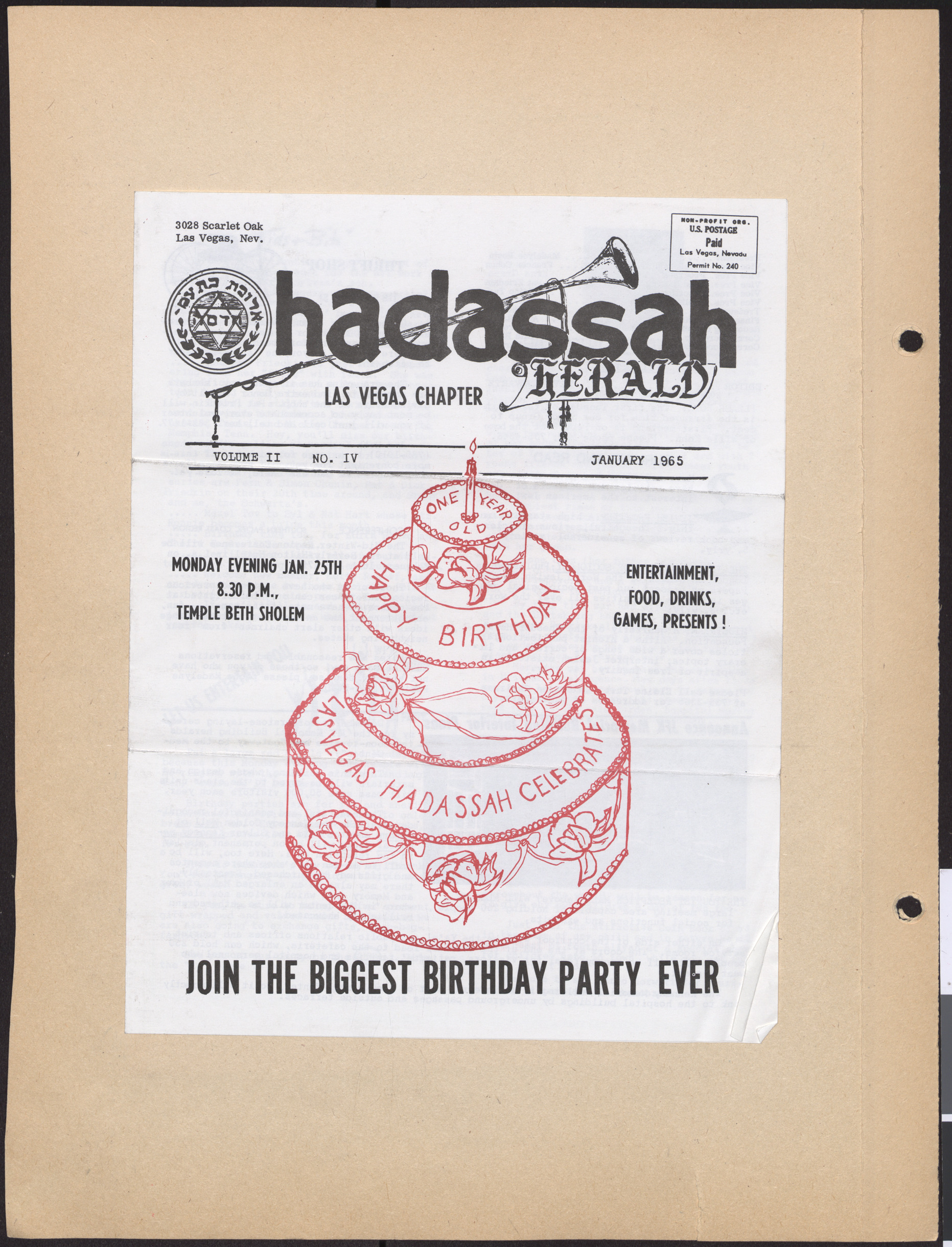 Hadassah Las Vegas Chapter newsletter, January 1965, cover