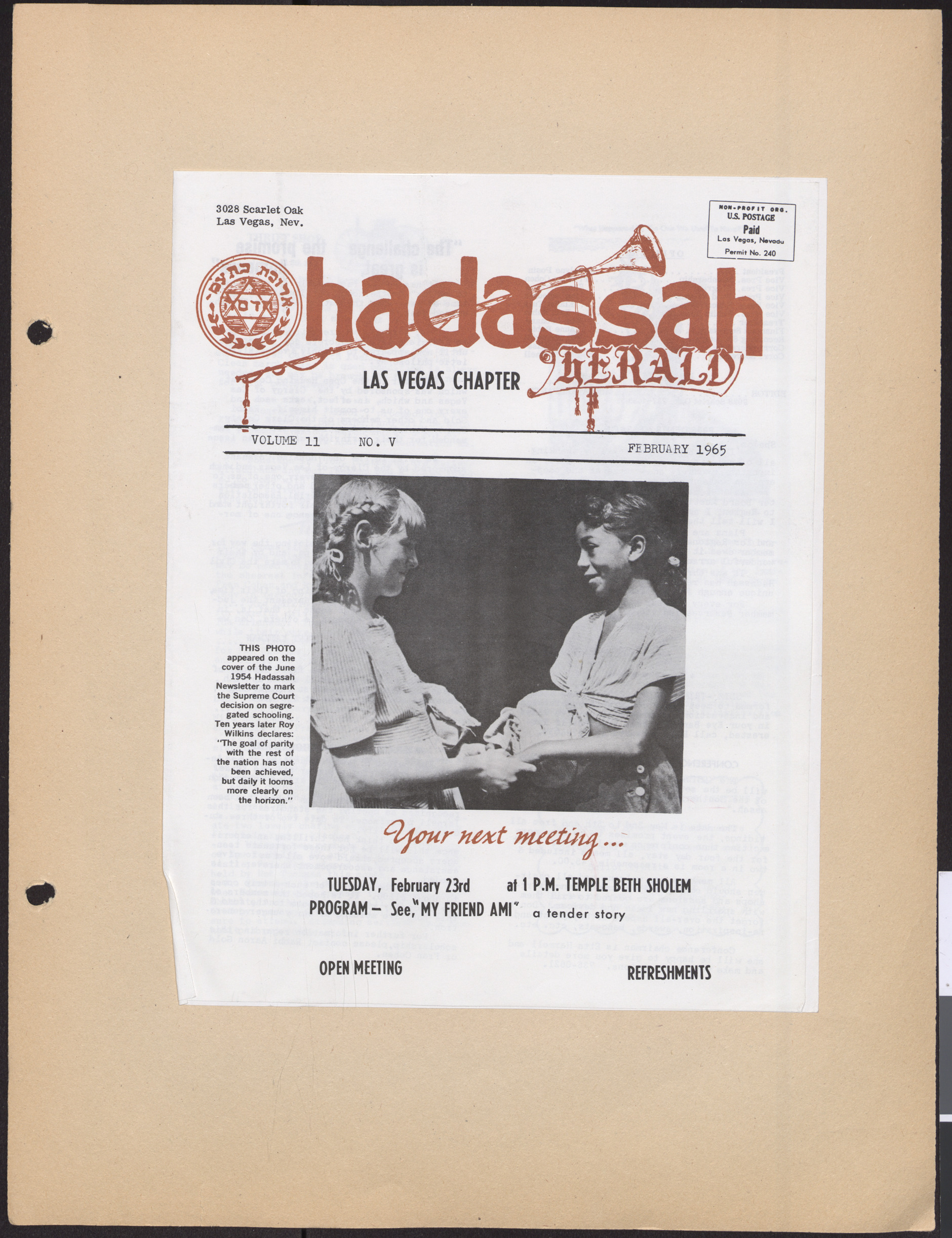 Hadassah Las Vegas Chapter newsletter, February 1965, cover